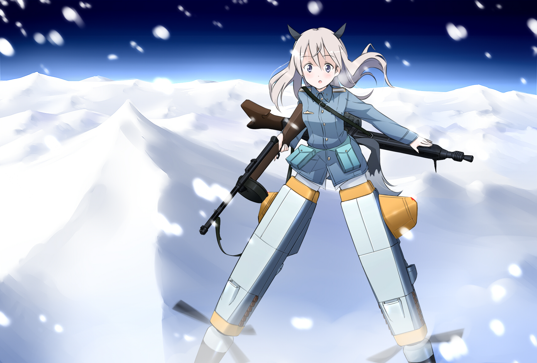 mousou (mousou temporary), eila ilmatar juutilainen, strike witches, world witches series, silver hair, bad id, bad pixiv id, highres, 1girl, animal ears, drum magazine, female focus, gun, long hair, machine gun, magazine (weapon), mg42, military, military uniform, pantyhose, snow, solo, striker unit, submachine gun, suomi kp/-31, tail, weapon, white pantyhose