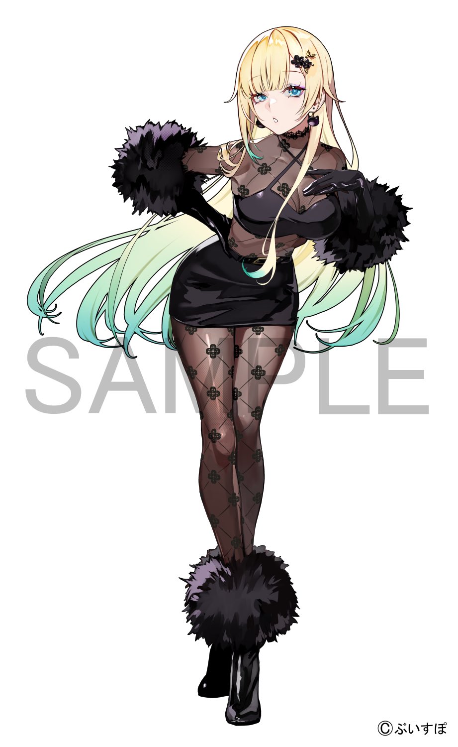 lam (ramdayo), aizawa ema, vspo!, commentary request, highres, official art, 1girl, black bodysuit, black boots, black gloves, black skirt, blonde hair, blue eyes, bodysuit, boots, breasts, copyright notice, criss-cross halter, crop top, dress, elbow gloves, full body, fur-trimmed boots, fur-trimmed gloves, fur trim, gloves, hair flaps, halterneck, hand on own chest, hand on own hip, high heel boots, high heels, large breasts, leaning back, long hair, long sidelocks, looking at viewer, miniskirt, parted lips, sample watermark, see-through clothes, see-through dress, sidelocks, simple background, skin tight, skirt, solo, tachi-e, very long hair, virtual youtuber, watermark, white background