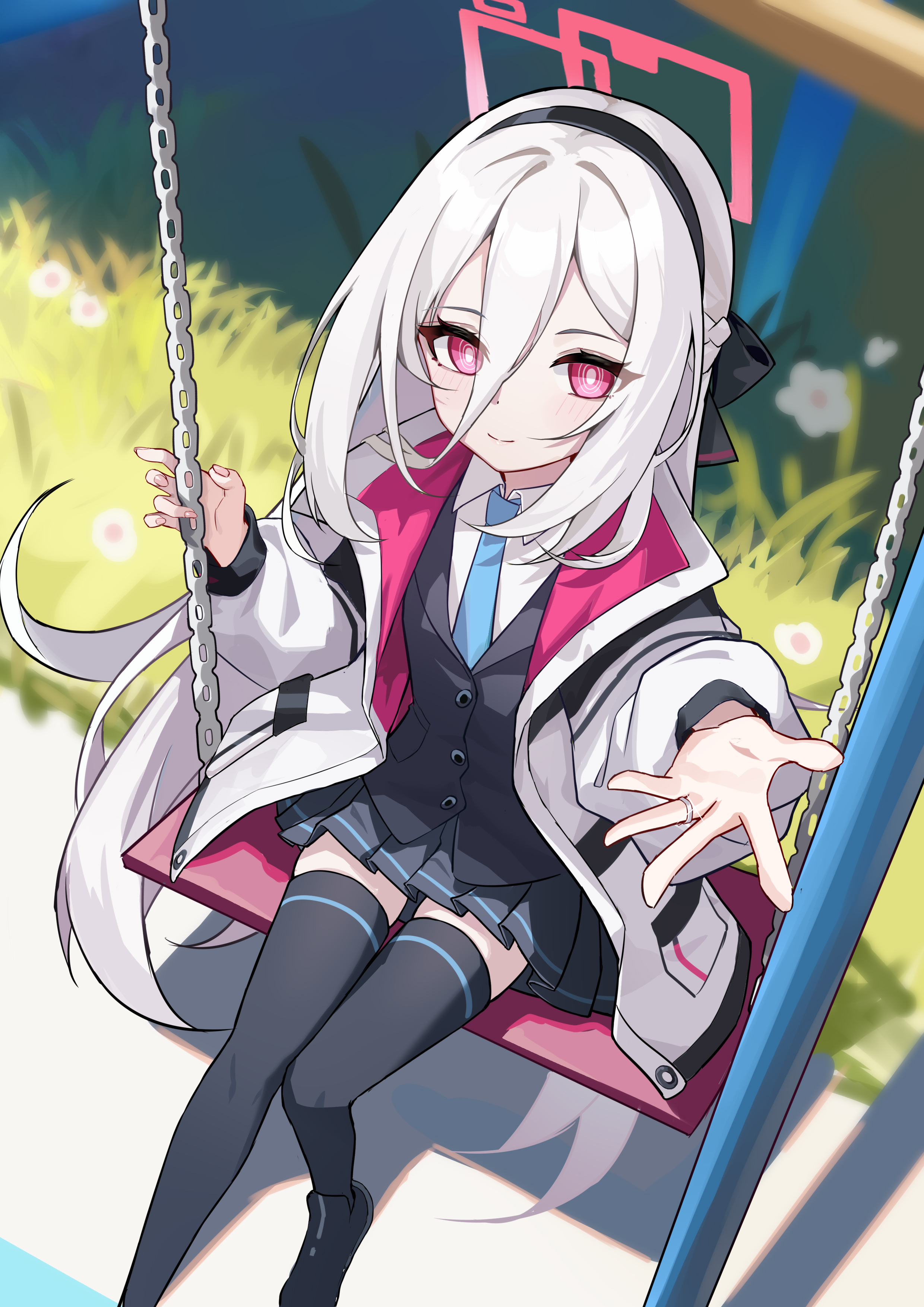 amamiyayk, kei (blue archive), kei (new body) (blue archive), blue archive, absurdres, commentary, english commentary, highres, 1girl, black hairband, black shirt, black shoes, black skirt, blue necktie, blue trim, bow, bright pupils, buttons, chain, closed mouth, collared shirt, day, grass, hair between eyes, hair bow, hairband, halo, jacket, jewelry, legs, long hair, long hair between eyes, looking at viewer, miniskirt, necktie, offering hand, on swing, open clothes, open jacket, outdoors, outstretched arm, pink eyes, pink halo, pleated skirt, rectangular halo, ring, ringed eyes, shirt, shoes, sidelocks, sitting, skirt, smile, solo, swing, thighs, two-sided fabric, two-sided jacket, very long hair, white hair, white jacket, white pupils, white shirt, wing collar