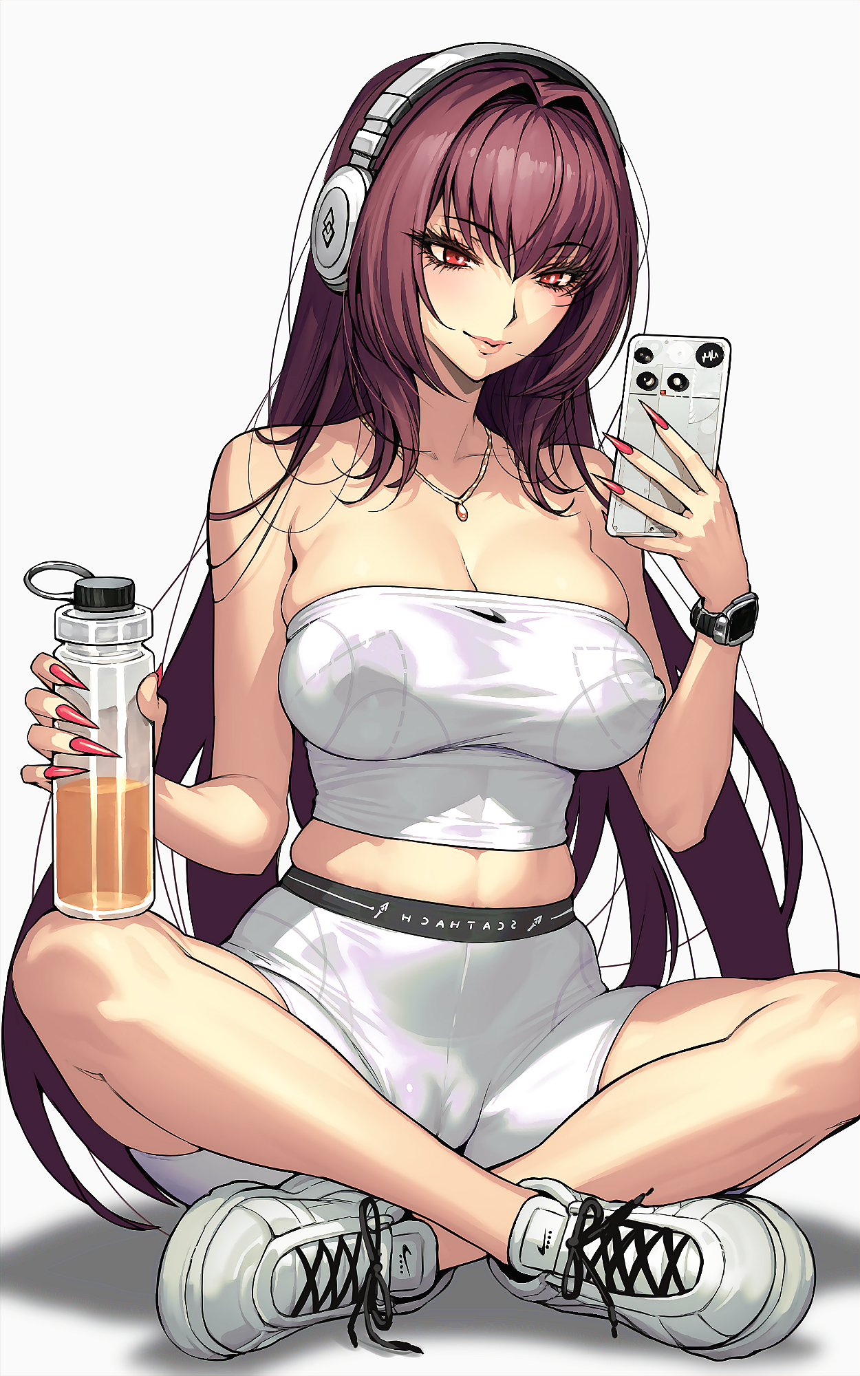 rioliogiz, scathach (fate), fate/grand order, fate (series), highres, 1girl, bare shoulders, bike shorts, bottle, breasts, cameltoe, cellphone, cleavage, closed mouth, covered erect nipples, hair intakes, headphones, holding, holding bottle, holding phone, jewelry, large breasts, lips, long hair, necklace, phone, purple hair, red eyes, red nails, selfie, shoes, short shorts, shorts, simple background, sitting, smartphone, solo, sports bra, very long hair, watch, white background, white shoes, white sports bra, wristwatch