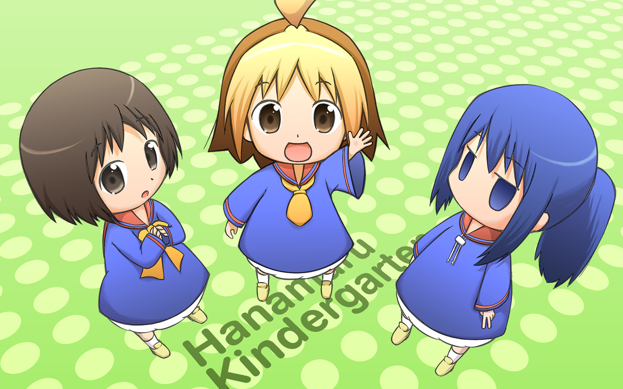 manse, anzu (hanamaru youchien), hiiragi (hanamaru youchien), koume (hanamaru youchien), hanamaru youchien, bad id, bad pixiv id, 3girls, ahoge, black hair, blonde hair, blue eyes, blue hair, brown eyes, child, colored bangs, multiple girls, ponytail, school uniform