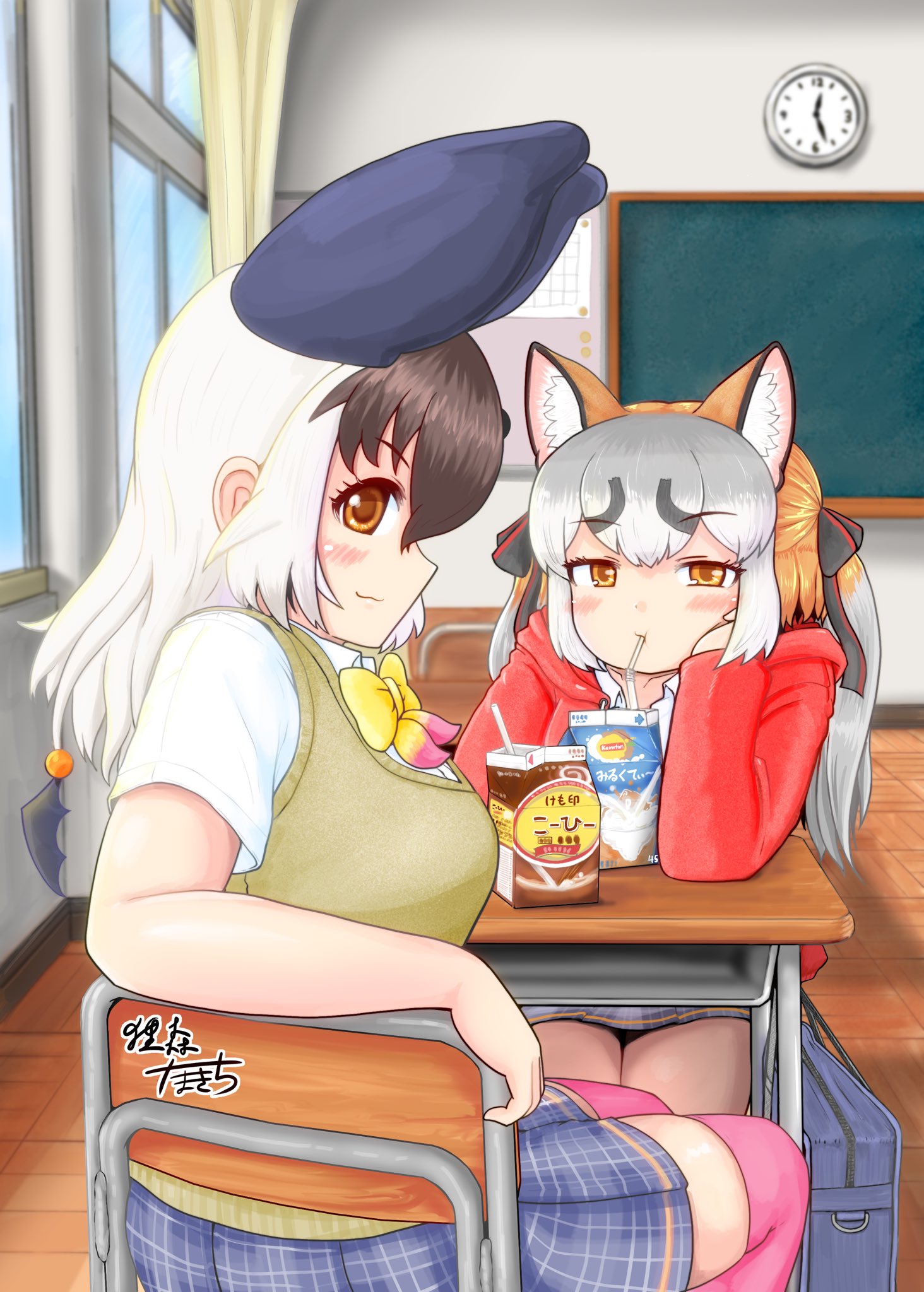 mujinamori tamakichi, brown long-eared bat (kemono friends), island fox (kemono friends), kemono friends, kemono friends v project, highres, 2girls, animal ears, bag, bat ears, bat girl, bow, bowtie, brown eyes, brown hair, cardigan, desk, drink, drinking straw, extra ears, fox ears, fox girl, grey hair, hood, hoodie, long hair, looking at viewer, multiple girls, school, school bag, school desk, school uniform, shirt, skirt, thighhighs, virtual youtuber