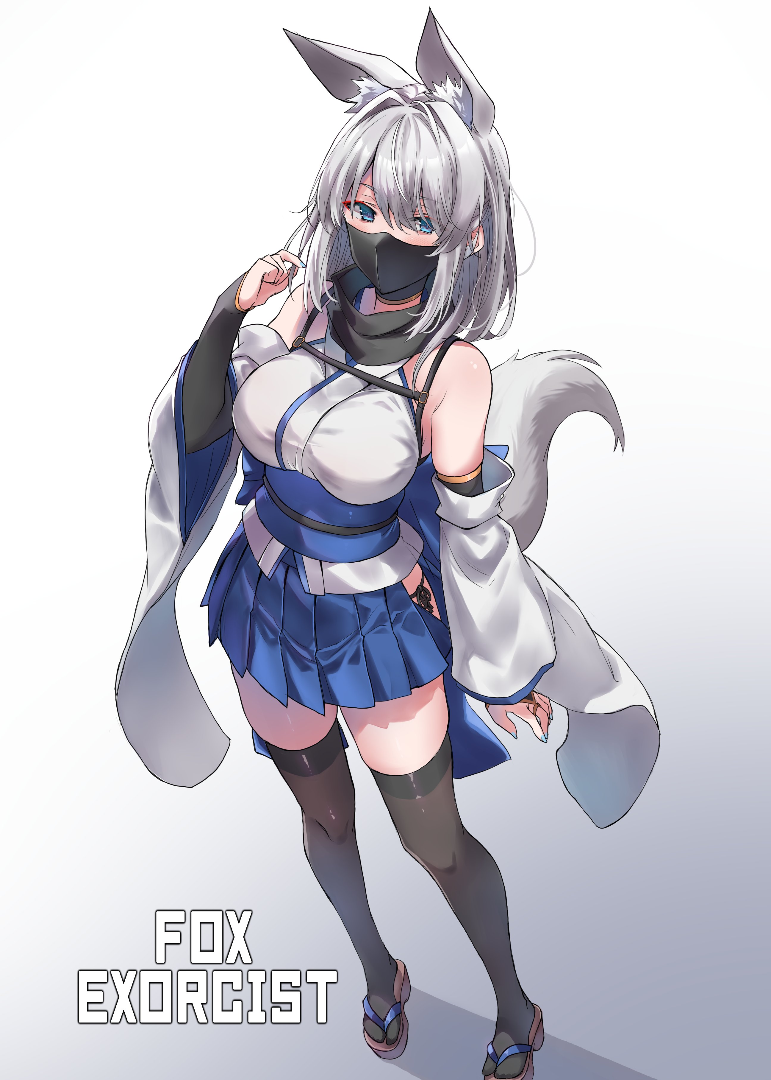 sawaya (mizukazu), original, absurdres, commentary, english commentary, highres, 1girl, animal ear fluff, animal ears, black mask, black scarf, blue eyes, blue skirt, clothing cutout, detached sleeves, extra ears, fox tail, gradient background, grey hair, hakama, hakama short skirt, hakama skirt, hip vent, japanese clothes, mask, mouth mask, nail polish, ninja mask, nontraditional miko, obi, sandals, sash, scarf, seamed legwear, skirt, solo, standing, suspenders, tail, thighhighs, white sleeves, wide sleeves