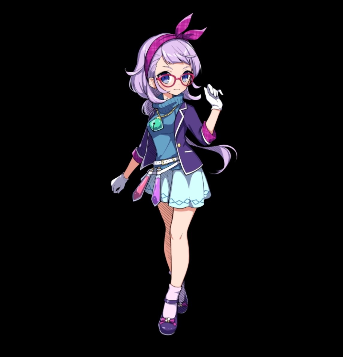 merc storia art team, merc storia, official art, 1girl, belt, black background, blue eyes, blue skirt, blue sweater, breasts, closed mouth, full body, glasses, gloves, hairband, hand up, jacket, judith (merc storia), long sleeves, medium breasts, miniskirt, pink-framed eyewear, pink hair, purple jacket, sidelocks, simple background, skirt, smile, socks, solo, standing, sweater, tachi-e, tsurime, turtleneck, turtleneck sweater, white belt, white gloves, white socks