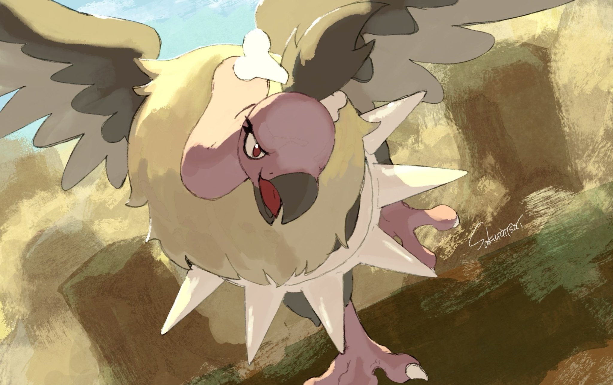 sakuraiisui, mandibuzz, nintendo, pokemon, pokemon bw, hashtag-only commentary, highres, beak, bird, bone, gen 5 pokemon, no humans, pokemon (creature), pokemon focus, red eyes, standing, standing on one leg, talons, vulture, wings