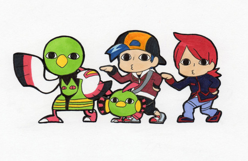 ethan (pokemon), natu, silver (pokemon), xatu, nintendo, pokemon, pokemon gsc, lowres, <o> <o>, 2boys, evolutionary line, gen 2 pokemon, multiple boys, parody, pokemon (creature)