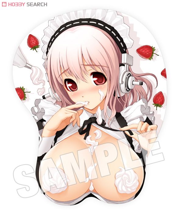 super sonico, nitroplus, 1girl, breast mousepad, breasts, cream, female focus, food, fruit, headphones, large breasts, maid, mousepad (medium), red eyes, sample watermark, solo, strawberry, watermark