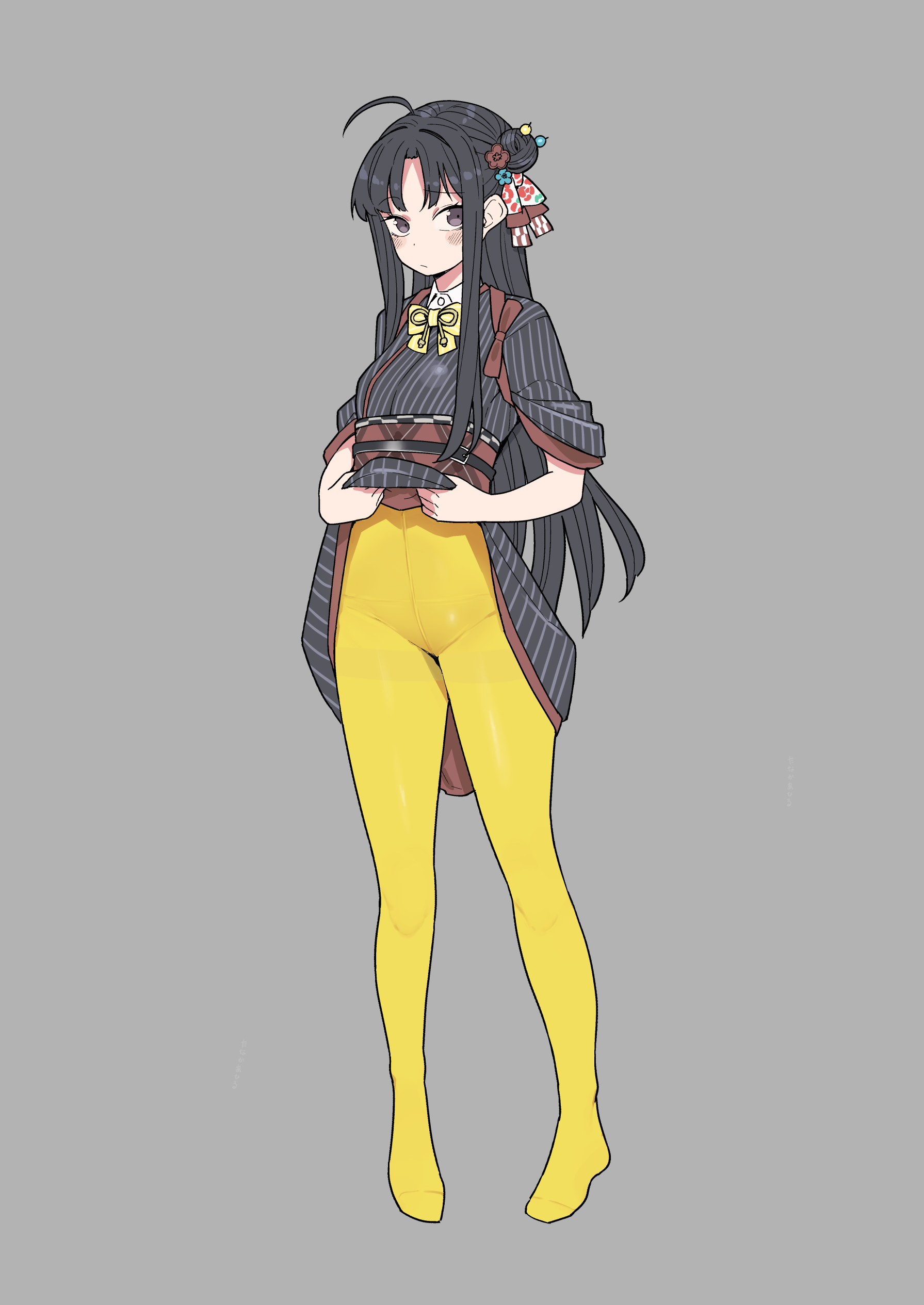 tanaka ahiru, awa subaru, girls band cry, absurdres, commentary request, highres, 1girl, ahoge, black eyes, black hair, clothes lift, japanese clothes, kimono, kuuhaku to catharsis, long hair, obi, panties, panties under pantyhose, pantyhose, sash, simple background, skirt, skirt lift, solo, tasuki, thighband pantyhose, underwear, yellow pantyhose
