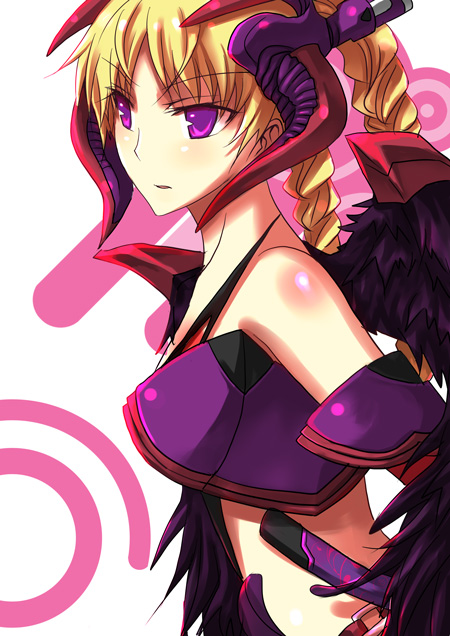 isya, chroche latel pastalie, ar tonelico, ar tonelico ii, gust, 1girl, alternate costume, armor, bare shoulders, black wings, blonde hair, braid, breasts, demon, demon girl, female focus, hair ornament, horns, long hair, midriff, purple eyes, solo, twin braids, wings