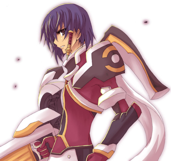 isya, chroah vatel, ar tonelico, ar tonelico ii, gust, 1boy, armor, brown eyes, cape, gloves, gradient background, hair ornament, male focus, profile, purple hair, solo, weapon, white background
