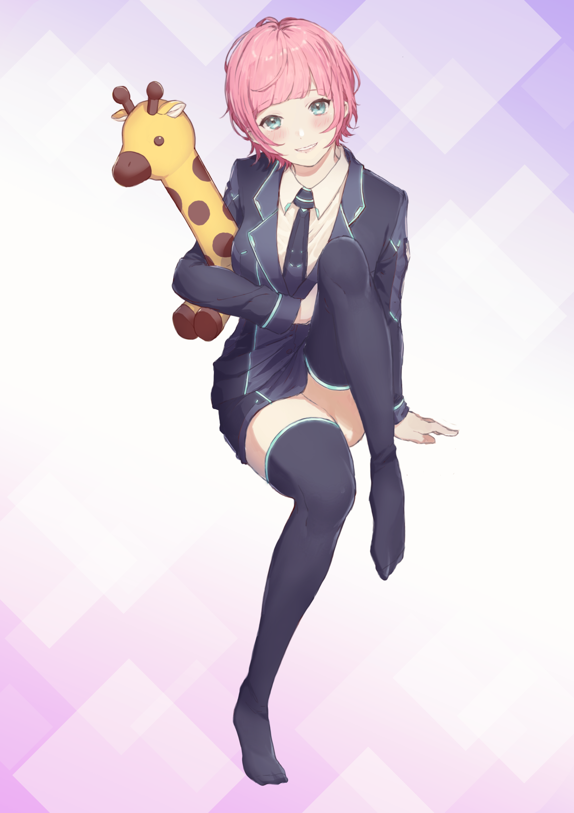 yuuhi riri, nijisanji, absurdres, commentary request, highres, partial commentary, 1girl, aqua eyes, aqua trim, arm support, black jacket, black necktie, black thighhighs, blazer, blush, breasts, collared shirt, formal clothes, jacket, long sleeves, looking at viewer, miniskirt, necktie, neon trim, pencil skirt, pink hair, shirt, short hair, sitting, skirt, solo, thighhighs, virtual youtuber, white shirt