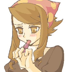 lauren paups, ace attorney, ace attorney investigations, lowres, 1girl, bandana, blush, candy, curly hair, female focus, food, licking, lollipop, ring pop, solo