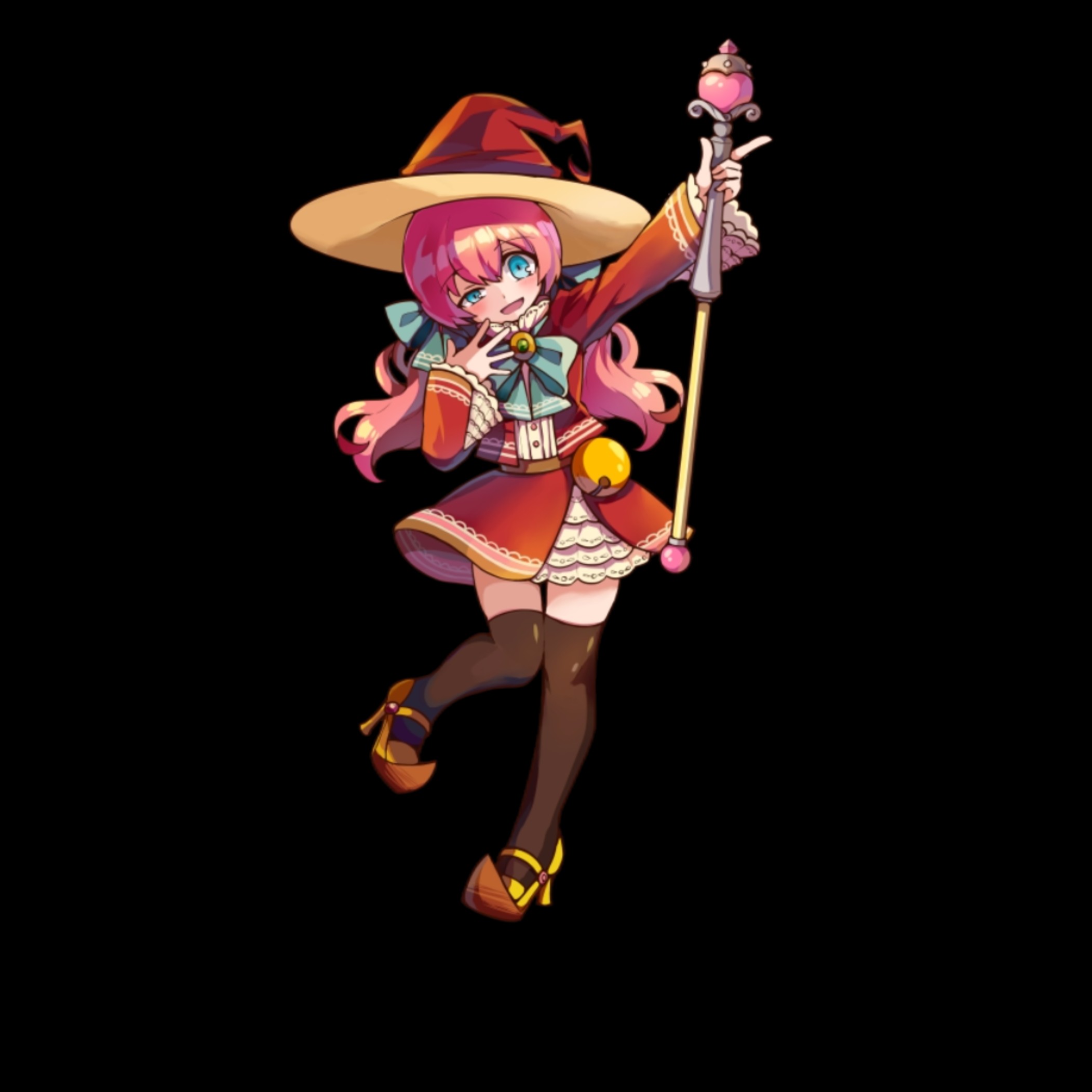 merc storia art team, merc storia, highres, official art, 1girl, aqua bow, aqua eyes, arm up, bell, belt, black background, black thighhighs, bow, brown belt, brown shoes, dress, full body, hair bow, half-closed eye, hat, holding, holding staff, large hat, long hair, long sleeves, low twintails, lufina (merc storia), open hand, open mouth, outstretched arm, pink hair, red dress, shoes, simple background, smile, solo, spread fingers, staff, standing, standing on one leg, tachi-e, thighhighs, thighs, twintails, wavy hair, wide sleeves, witch, witch hat