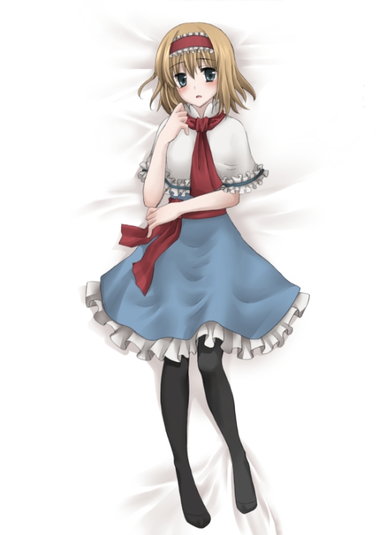 tottoto tomekichi, alice margatroid, touhou, bad id, bad pixiv id, 1girl, black pantyhose, blonde hair, blue eyes, blush, dakimakura (medium), dress, female focus, full body, hairband, kakokou, open mouth, pantyhose, scarf, short hair, solo, thighhighs