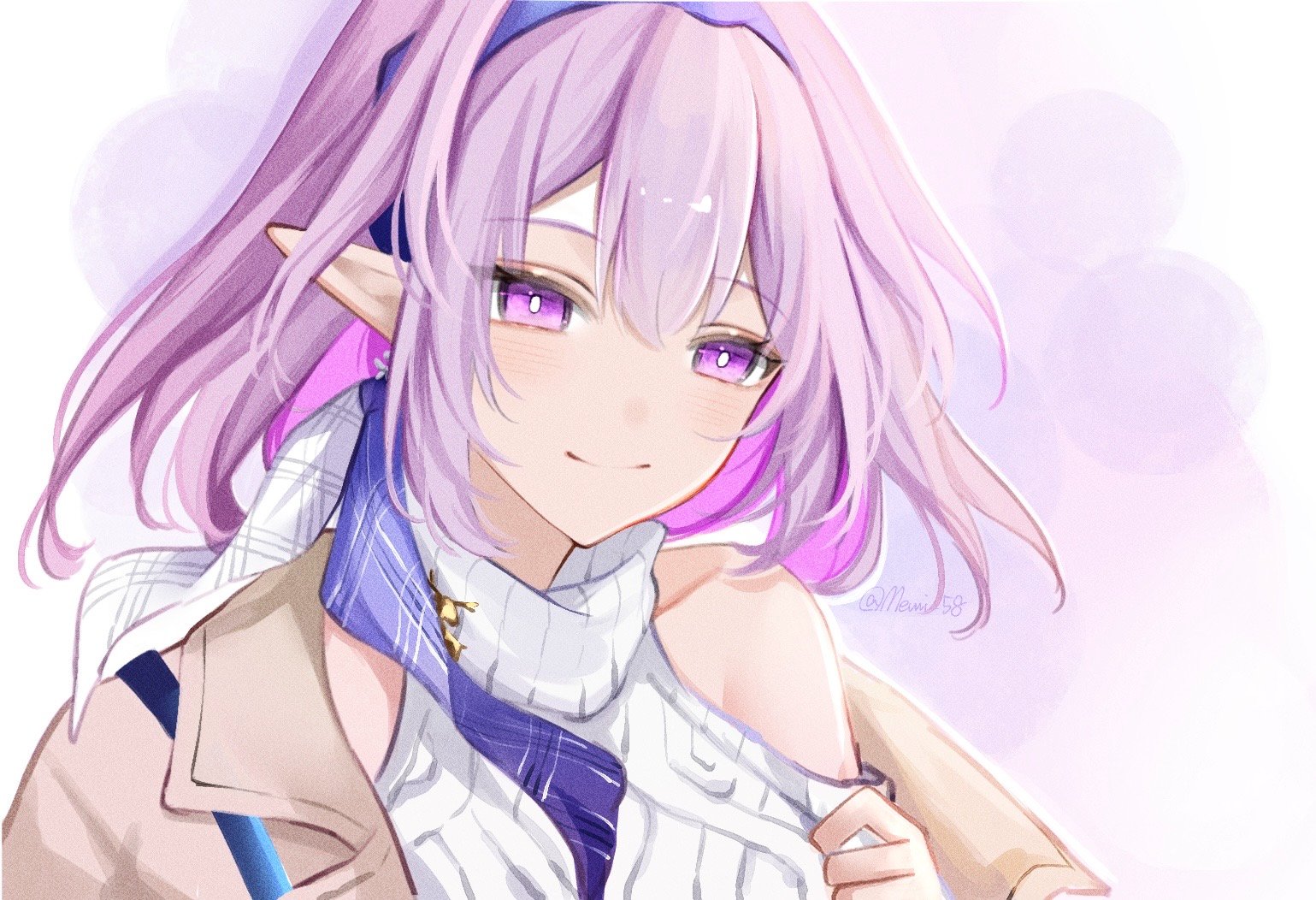 memi 58, castorice (honkai: star rail), castorice (luckin coffee) (honkai: star rail), honkai: star rail, honkai (series), 1girl, blue hairband, bright pupils, brown coat, clothing cutout, coat, hair between eyes, hairband, long hair, looking at viewer, official alternate costume, open clothes, open coat, pointy ears, portrait, purple eyes, purple hair, shoulder cutout, simple background, single bare shoulder, single off shoulder, smile, solo, sweater, turtleneck, turtleneck sweater, twitter username, white pupils, white sweater