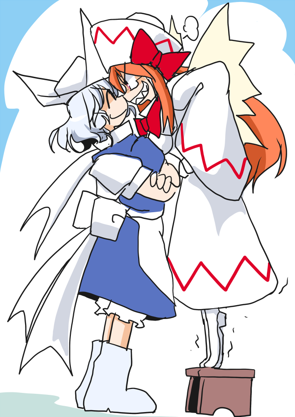 kieyza, kieza, letty whiterock, lily white, touhou, 2girls, angry, breast press, breasts, female focus, hat, multiple girls, orange hair, standing, stool, white hair, wings