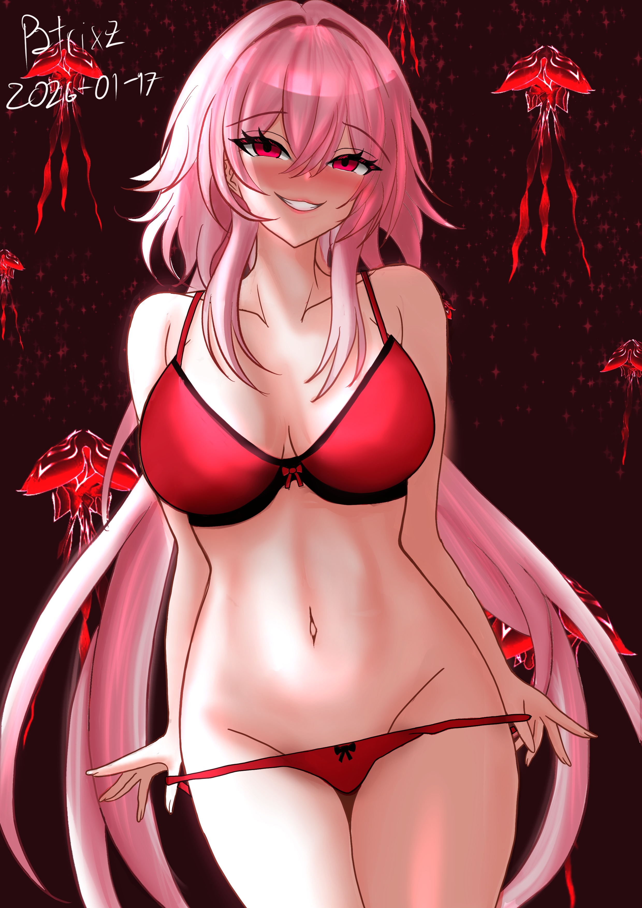 patrixz, evernight (honkai: star rail), march 7th (honkai: star rail), honkai: star rail, honkai (series), absurdres, commentary, english commentary, highres, 1girl, artist name, bra, breasts, cleavage, dated, evey (honkai: star rail), groin, jellyfish, large breasts, long hair, looking at viewer, naughty face, navel, panties, panty pull, pink hair, red bra, red eyes, red panties, stomach, thighs, underwear, underwear only, very long hair