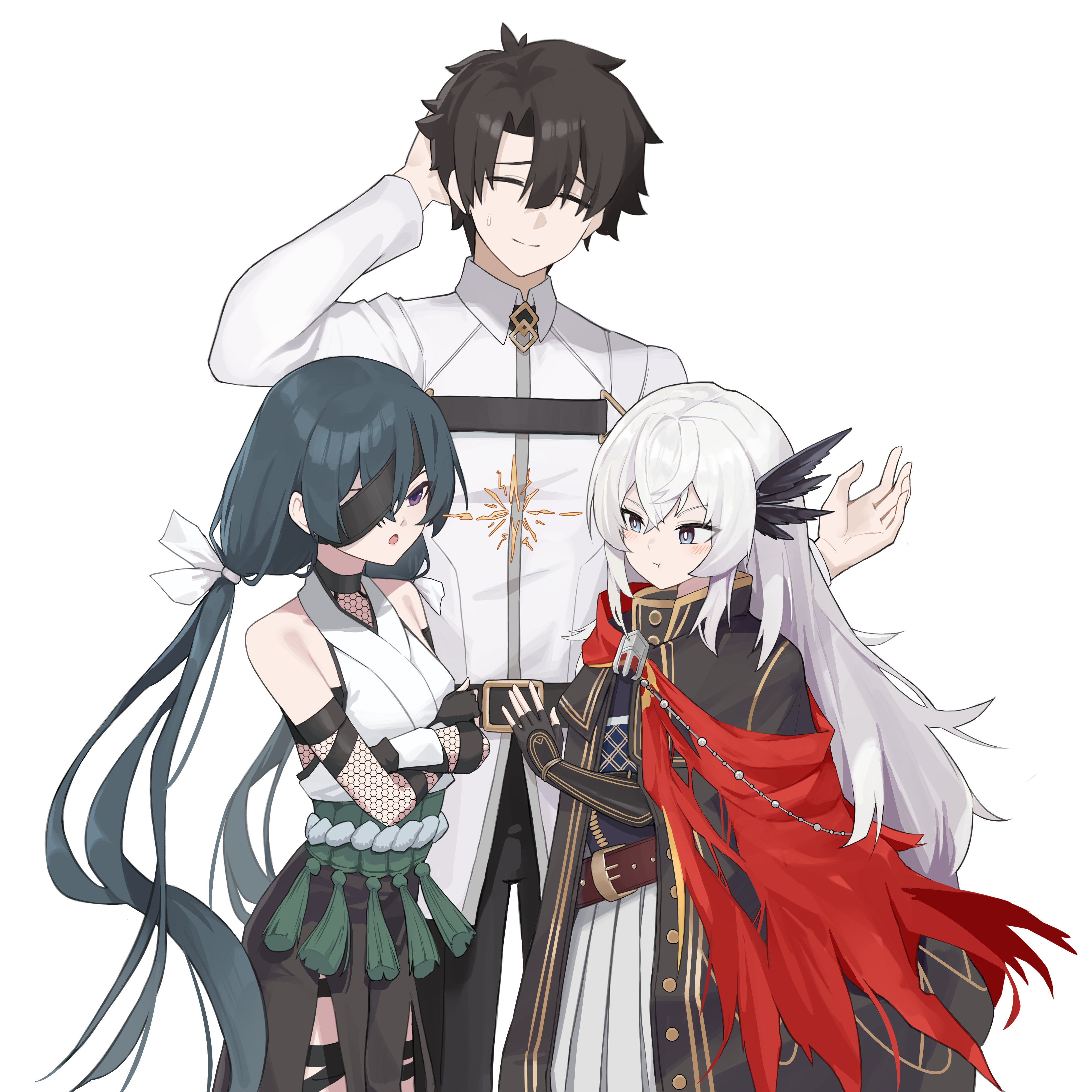 noir (noir reveur), fujimaru ritsuka (male), mochizuki chiyome (fate), mochizuki chiyome (second ascension) (fate), saika magoichi (fate), fate/grand order, fate (series), absurdres, commentary, english commentary, highres, 1boy, 2girls, bare shoulders, black gloves, black hair, black pants, blue eyes, breasts, bright pupils, closed eyes, cowboy shot, crossed arms, face-to-face, feather hair ornament, feathers, fingerless gloves, gloves, green hair, hair between eyes, hair ornament, long sleeves, looking at another, low twintails, multiple girls, one eye covered, pants, purple eyes, shirt, sidelocks, simple background, smile, sweatdrop, twintails, white background, white hair, white pupils, white shirt