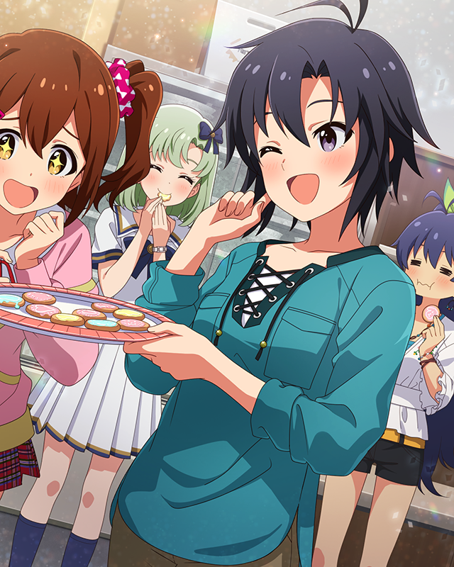 ganaha hibiki, kasuga mirai, kikuchi makoto, shiika (idolmaster), idolmaster, idolmaster (classic), idolmaster million live!, idolmaster million live! theater days, idolmaster stella stage, commentary request, game cg, official art, third-party source, + +, 4girls, antenna hair, aqua shirt, black hair, blush, brown hair, cookie, eating, food, holding, holding cookie, holding food, holding plate, indoors, multiple girls, one eye closed, one side up, open mouth, plate, purple eyes, shirt, short hair, smile, standing
