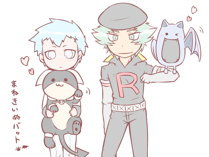 archer (pokemon), golbat, houndoom, proton (pokemon), nintendo, pokemon, chibi, gen 1 pokemon, gen 2 pokemon, gloves, green eyes, green hair, hat, heart, pokemon (creature)