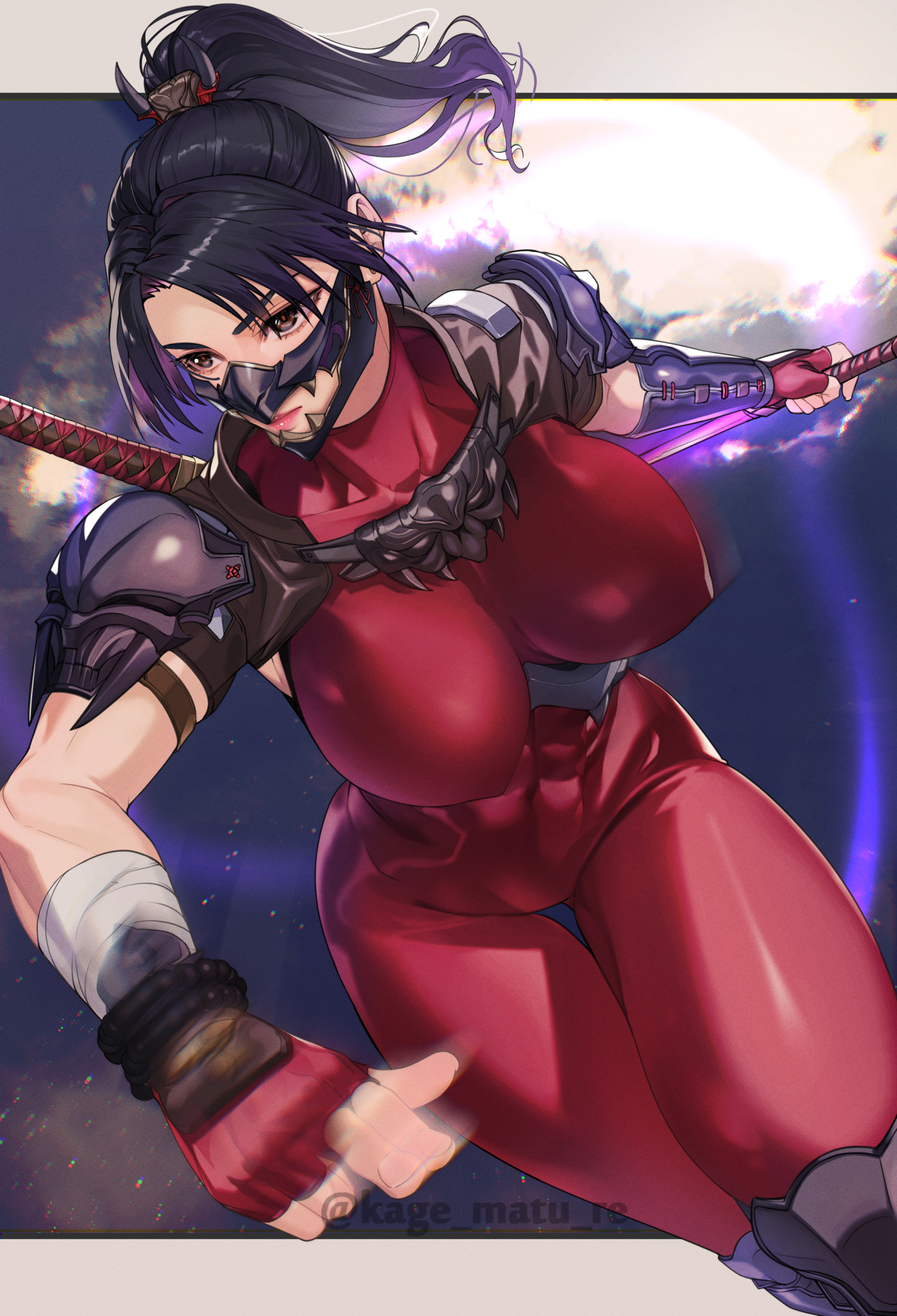 kagematsuri, taki (soulcalibur), soul calibur, absurdres, commentary request, highres, revision, 1girl, arm guards, armor, black hair, bodysuit, breasts, brown eyes, closed mouth, covered erect nipples, fingerless gloves, gloves, glowing, glowing sword, glowing weapon, hand tattoo, impossible bodysuit, impossible clothes, kodachi, mask, motion blur, mouth mask, ninja, ponytail, red bodysuit, short sword, shoulder armor, skin tight, sleeveless, sleeveless bodysuit, solo, sword, tattoo, toned, toned female, weapon