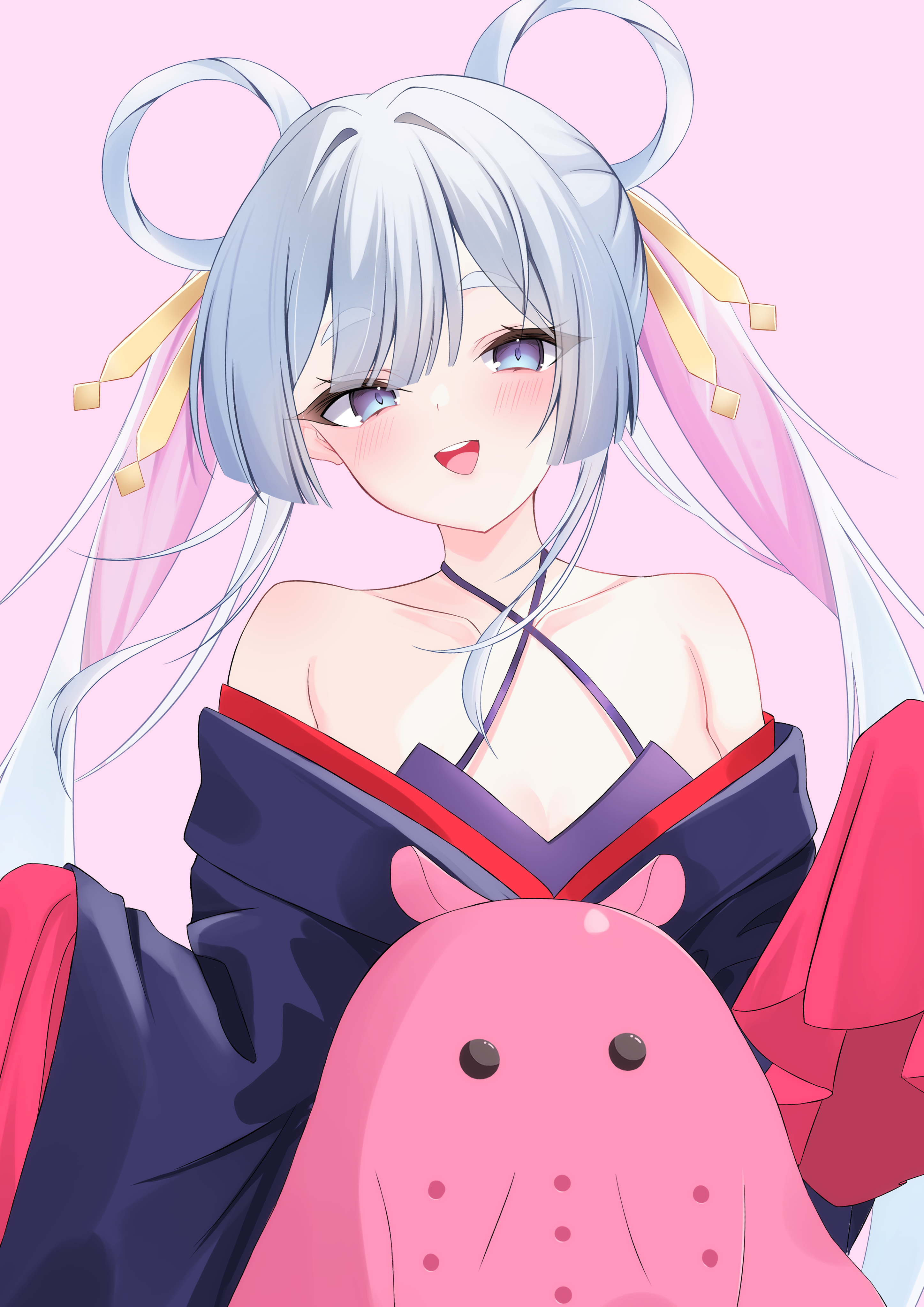 yunominomi, runami yachiyo, absurdres, commentary request, highres, 1girl, :d, bare shoulders, blue eyes, blunt bangs, blunt sidelocks, cho kaguya-hime!, flat chest, grey hair, hair ornament, hair rings, hair stick, japanese clothes, kimono, long hair, long sleeves, looking at viewer, multicolored hair, open mouth, pink background, sidelocks, smile, solo, twintails, umbrella octopus, upper body, wide sleeves
