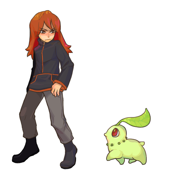 chikorita, silver (pokemon), nintendo, pokemon, brown eyes, gen 2 pokemon, green theme, pokemon (creature), red hair
