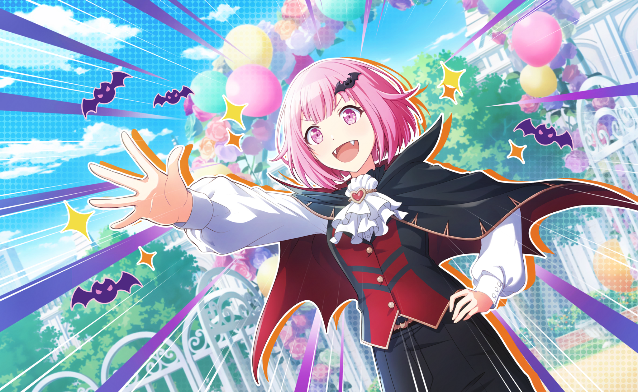 colorful palette, ootori emu, project sekai, red gem, game cg, highres, official art, third-party source, >:), 1girl, :d, ascot, balloon, bat (animal), bat hair ornament, belt, black cape, black pants, black vest, blue sky, cape, cloud, day, drop shadow, fangs, flower, gem, gold trim, hair ornament, hand on own hip, heart-shaped gem, high collar, motion lines, open mouth, pants, pink eyes, pink hair, red vest, rose, short hair, sky, smile, solo, sparkle, sparkling eyes, speed lines, standing, tonari ni tatsu yasashii anata e (project sekai), tree, two-tone vest, upper body, v-shaped eyebrows, vampire costume, vest, white ascot