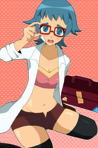 lowres, tagme, blue hair, glasses, lab coat, thighhighs
