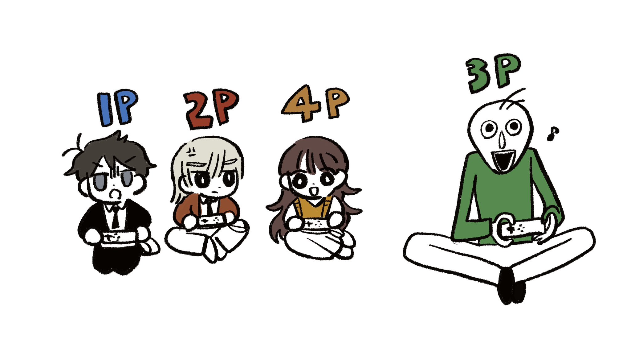 akinashi haru, baldi, tatsunami shion, baldi's basics, saihate eki, highres, 1girl, 3boys, :d, alternate color, anger vein, annoyed, bald, black hair, black necktie, black suit, brown hair, brown jacket, chibi, collared shirt, colored skin, controller, crossover, dress shirt, formal clothes, game controller, green shirt, holding, holding controller, holding game controller, jacket, long hair, long sleeves, lotus position, multiple boys, musical note, necktie, open mouth, player 2, playing games, ruuya1124, shirt, short hair, simple background, sitting, skirt, smile, suit, tenjiku aoi, vest, white background, white hair, white skin, yokozuwari