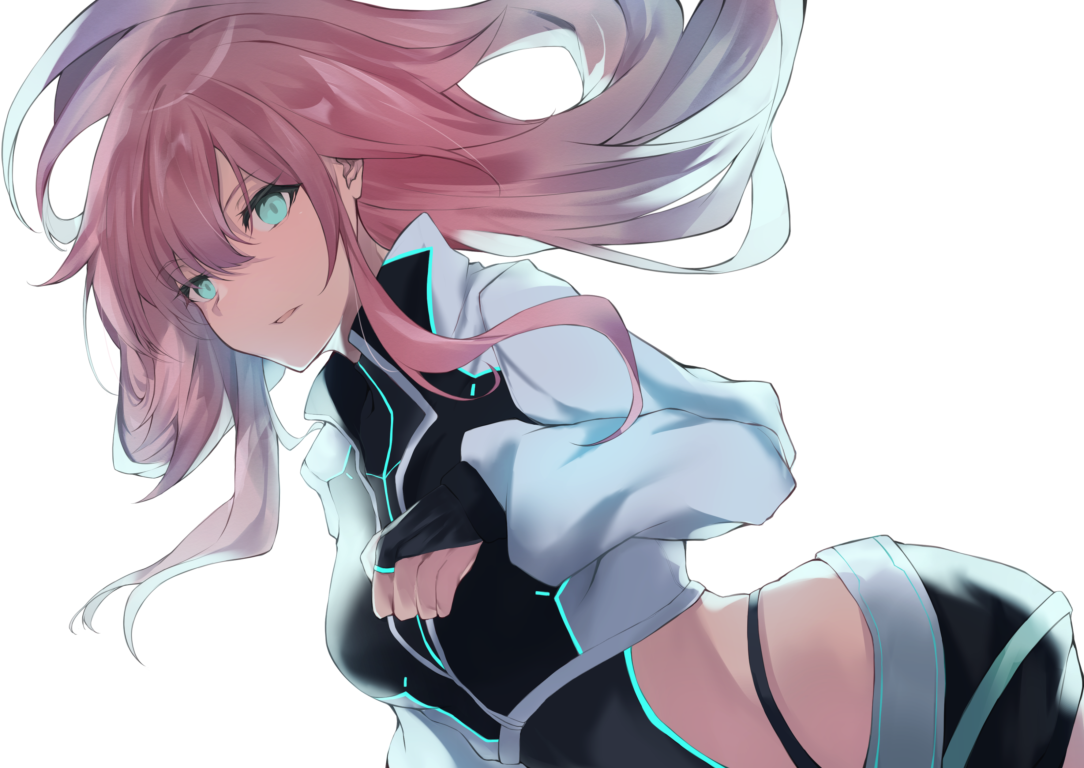 yuki maccha (yukimattya10), yuuhi riri, nijisanji, absurdres, highres, 1girl, aqua eyes, aqua trim, breasts, cropped jacket, jacket, long hair, long sleeves, looking at viewer, neon trim, pink hair, solo, virtual youtuber, white jacket