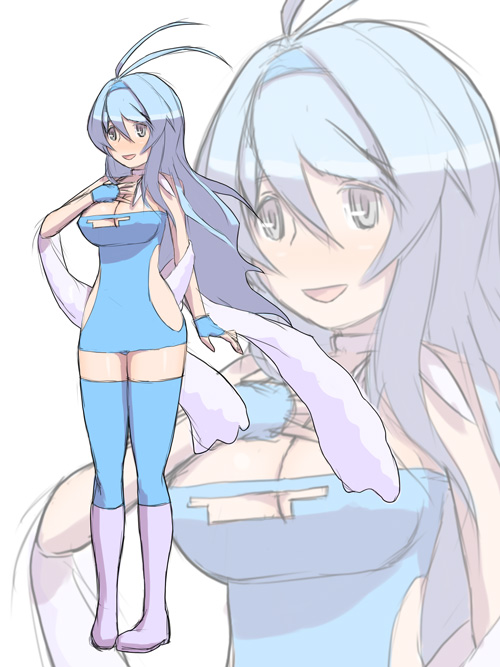 furuaki, swablu, nintendo, pokemon, pokemon rse, purple footwear, 1girl, blue dress, blue eyes, blue gloves, blue hair, blue thighhighs, blush, boots, breasts, cleavage, dress, fingerless gloves, gen 3 pokemon, gloves, hairband, hand on own chest, large breasts, long hair, open mouth, personification, sleeveless, sleeveless dress, smile, standing, thighhighs, white background