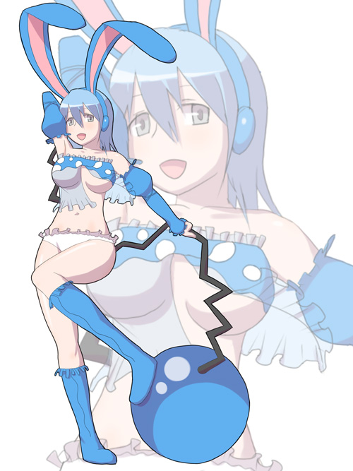 furuaki, azumarill, nintendo, pokemon, 1girl, animal ears, arm behind head, ball, blue boots, blue hair, blush, boots, breasts, collarbone, detached sleeves, earmuffs, fake animal ears, gen 2 pokemon, grey eyes, large breasts, lingerie, long hair, long sleeves, looking at viewer, navel, negligee, open mouth, panties, personification, polka dot, rabbit ears, rabbit girl, smile, tail, tail grab, underwear, white background, white panties