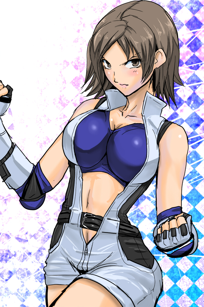erugiza, kazama asuka, namco, tekken, tekken 5 (dark resurrection), bad id, bad pixiv id, 1girl, belt, breasts, female focus, fingerless gloves, gloves, jumpsuit, large breasts, romper, short hair, sleeveless, solo, unzipped, zipper