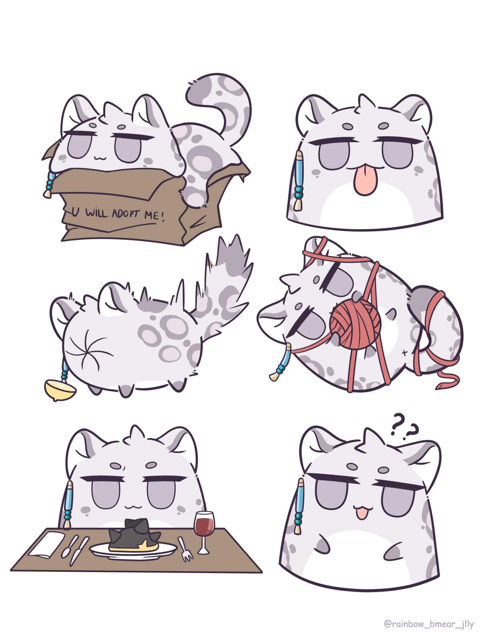 silverash (arknights), arknights, highres, :3, :p, ?, ??, alcohol, animal, animalization, bag, box, cardboard box, cup, drinking glass, food, fork, in container, knife, multiple views, no humans, paper bag, plate, purple eyes, silverbean, simple background, snow leopard ears, snow leopard tail, tongue, tongue out, white background, wine, wine glass, yarn, yarn ball