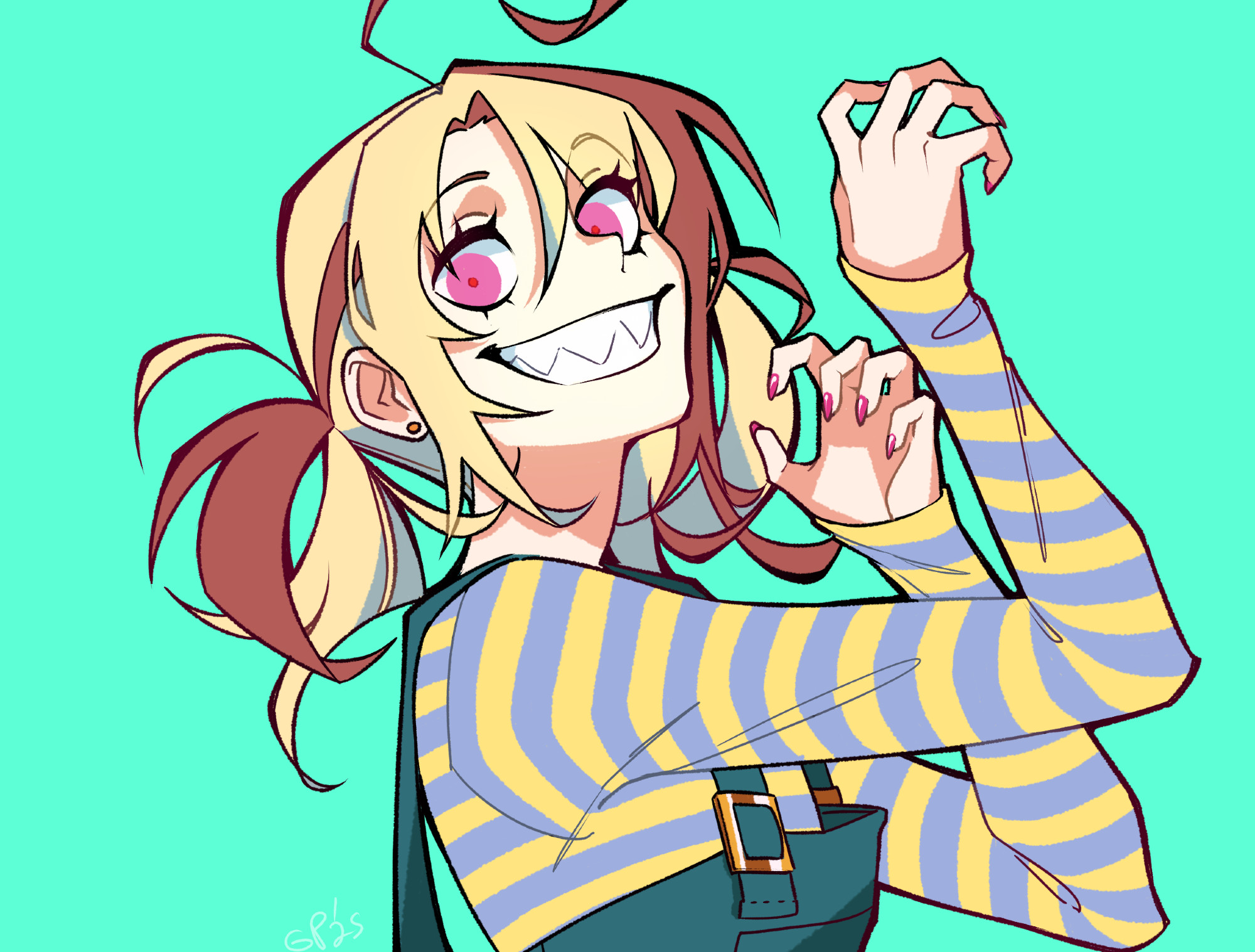 gigglepox, gigi murin, hololive, hololive english, commentary, english commentary, highres, 1girl, ahoge, alternate costume, blonde hair, brown hair, claw pose, earrings, eyelashes, from side, green background, grin, hair between eyes, hands up, jewelry, long hair, looking at viewer, multicolored hair, nail polish, pink eyes, red nails, sharp teeth, shirt, simple background, smile, solo, striped clothes, striped shirt, stud earrings, suspenders, teeth, twintails, two-tone hair, upper body, virtual youtuber