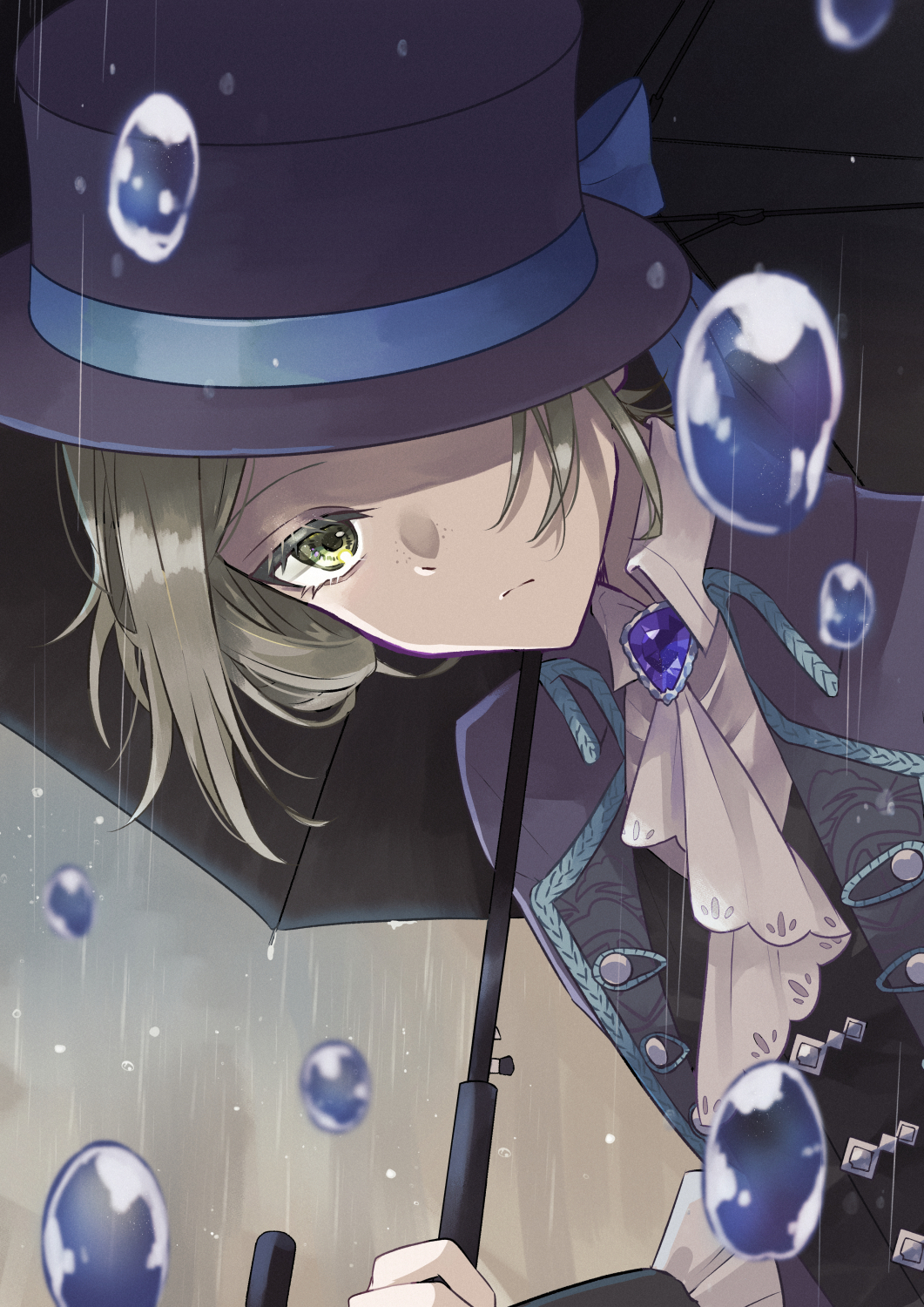 konokikiki, vertin (reverse:1999), reverse:1999, commentary request, highres, 1girl, :/, ascot, black coat, black hat, black umbrella, blue bow, boater hat, bow, coat, collared shirt, grey background, grey eyes, grey hair, hair bun, hair over one eye, hand up, hat, hat bow, holding, holding umbrella, leaning forward, looking at viewer, one eye covered, rain, shirt, short hair, single side bun, solo, umbrella, umbrella over shoulder, upper body, water drop, white ascot, white shirt