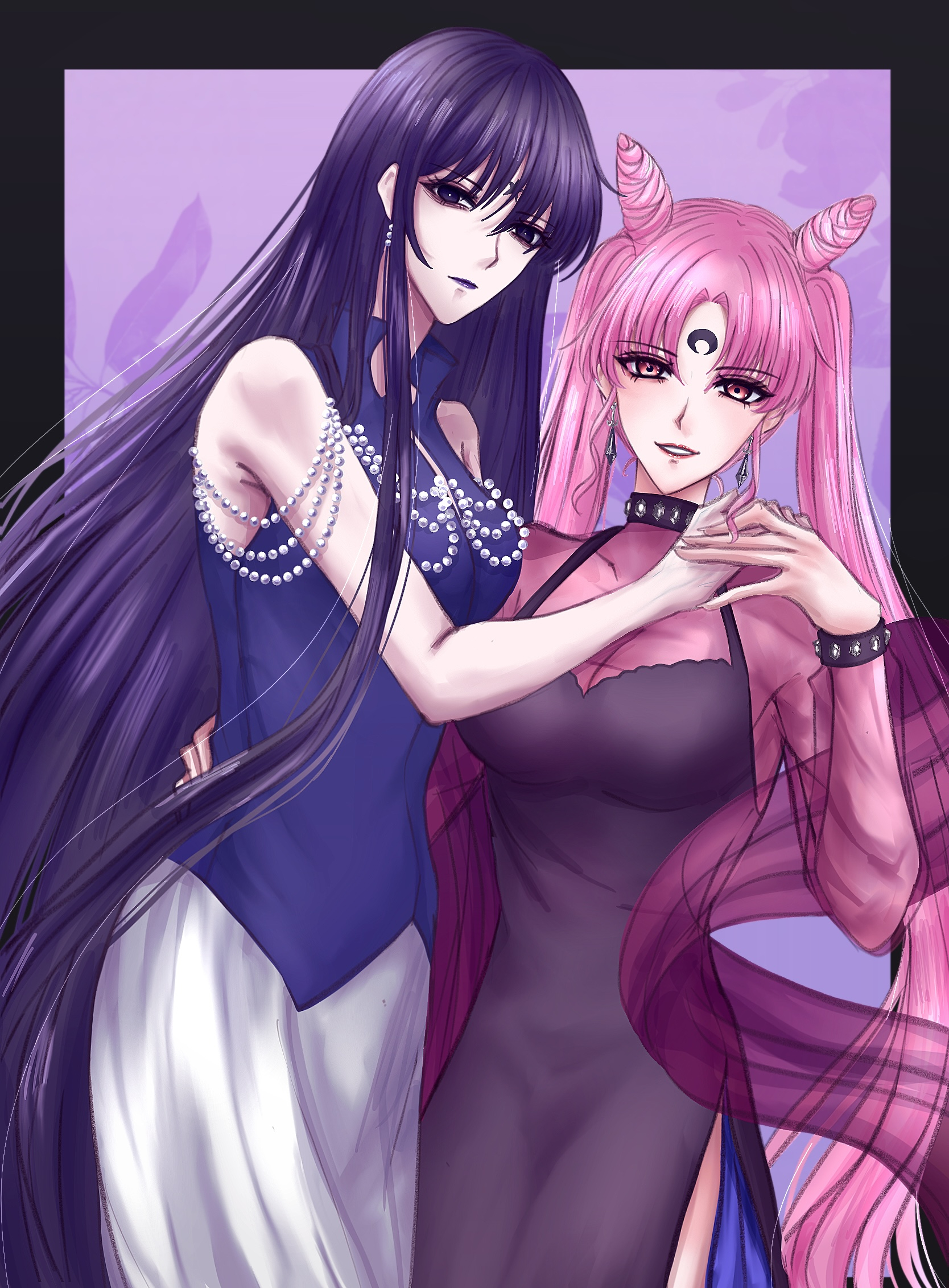 wbr komet, black lady (sailor moon), mistress 9, bishoujo senshi sailor moon, bishoujo senshi sailor moon r, bishoujo senshi sailor moon s, commentary, highres, 2girls, aged up, arm around waist, bare shoulders, black border, black choker, black dress, black eyeshadow, blue shirt, border, breasts, choker, closed mouth, cone hair bun, cowboy shot, crescent, crescent facial mark, dark persona, double bun, dress, eyeshadow, facial mark, forehead mark, hair bun, hand on another's waist, hand up, holding hands, large breasts, long hair, looking at viewer, low twintails, makeup, medium breasts, multiple girls, outside border, parted lips, pink hair, pink shrug, purple background, purple hair, purple lips, red eyes, red lips, see-through cleavage, see-through clothes, see-through shrug, shirt, shrug (clothing), skirt, sleeveless, sleeveless shirt, smile, star (symbol), star facial mark, twintails, very long hair, white skirt, yuri