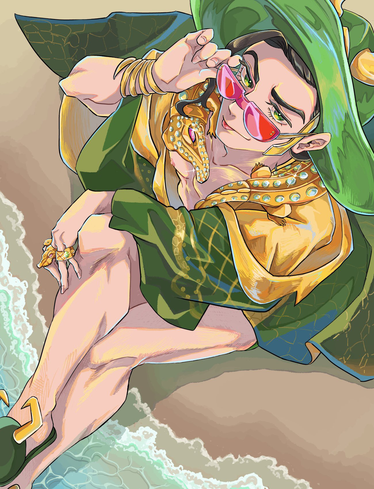 loki (marvel), loki (robe of relaxation) (marvel), marvel, marvel rivals, thor (marvel) (series), commentary request, highres, 1boy, a (user pehc4373), animification, beach, bracelet, crossed legs, from above, gem, green eyes, green hat, green robe, green slippers, hat, horned hat, jewelry, looking at viewer, looking up, male focus, multiple rings, nipples, official alternate costume, pink-tinted eyewear, pink gem, rimless eyewear, ring, robe, sand, sitting, slippers, solo, sunglasses, tinted eyewear, tongue, tongue out, water
