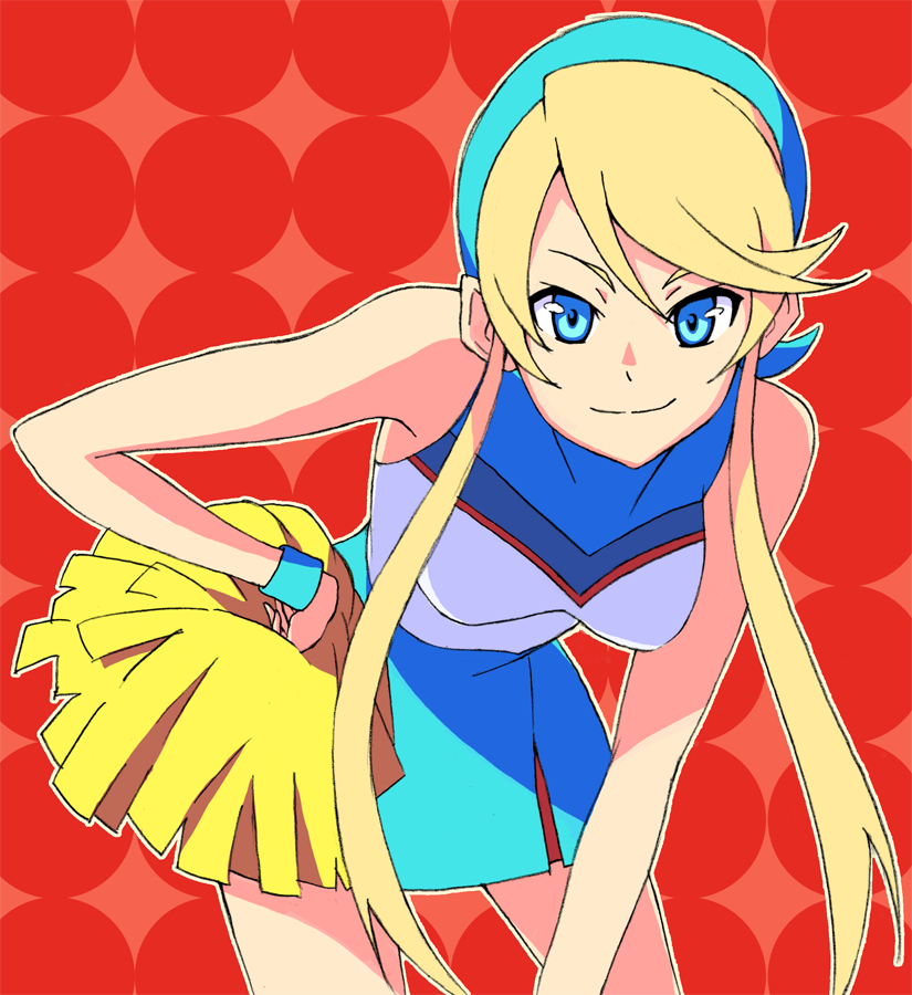 pitoo, lina davis, heroman, 1girl, blonde hair, blue eyes, breasts, cheerleader, female focus, hairband, hand on own hip, hip focus, pom pom (cheerleading), skirt, solo, twintails