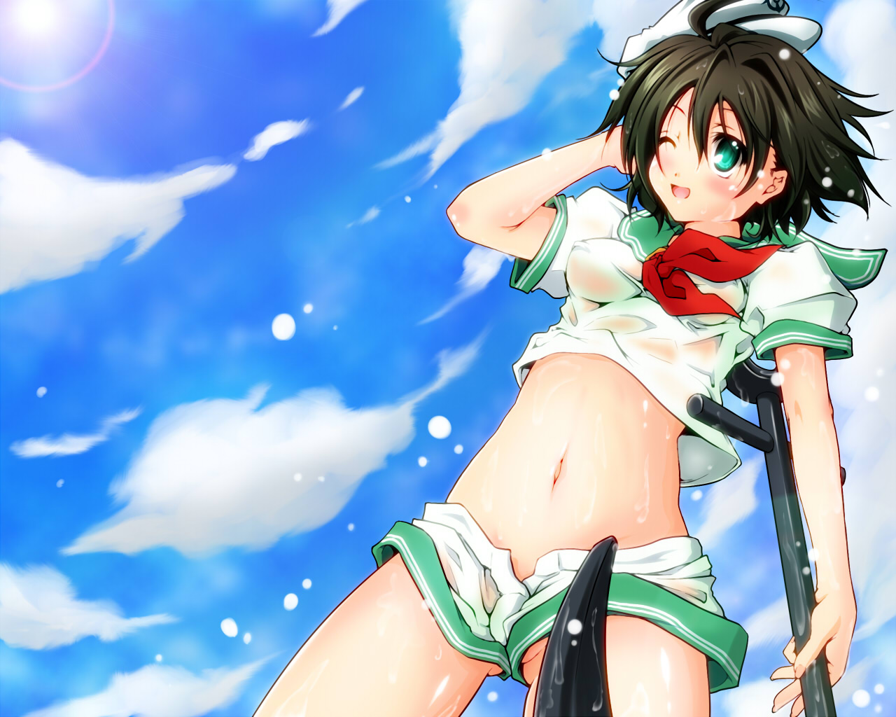 haruyonoto, murasa minamitsu, touhou, 1girl, anchor, black hair, breasts, female focus, green eyes, hat, midriff, navel, outdoors, sailor, sailor collar, sailor hat, short hair, sky, solo, wet