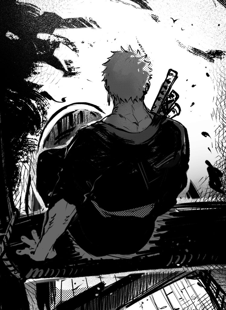 mrjieshisu, roronoa zoro, one piece, hashtag-only commentary, 1boy, back, earrings, greyscale, holding, holding sword, holding weapon, japanese clothes, jewelry, kimono, male focus, monochrome, sash, short hair, sitting, solo, sword, weapon