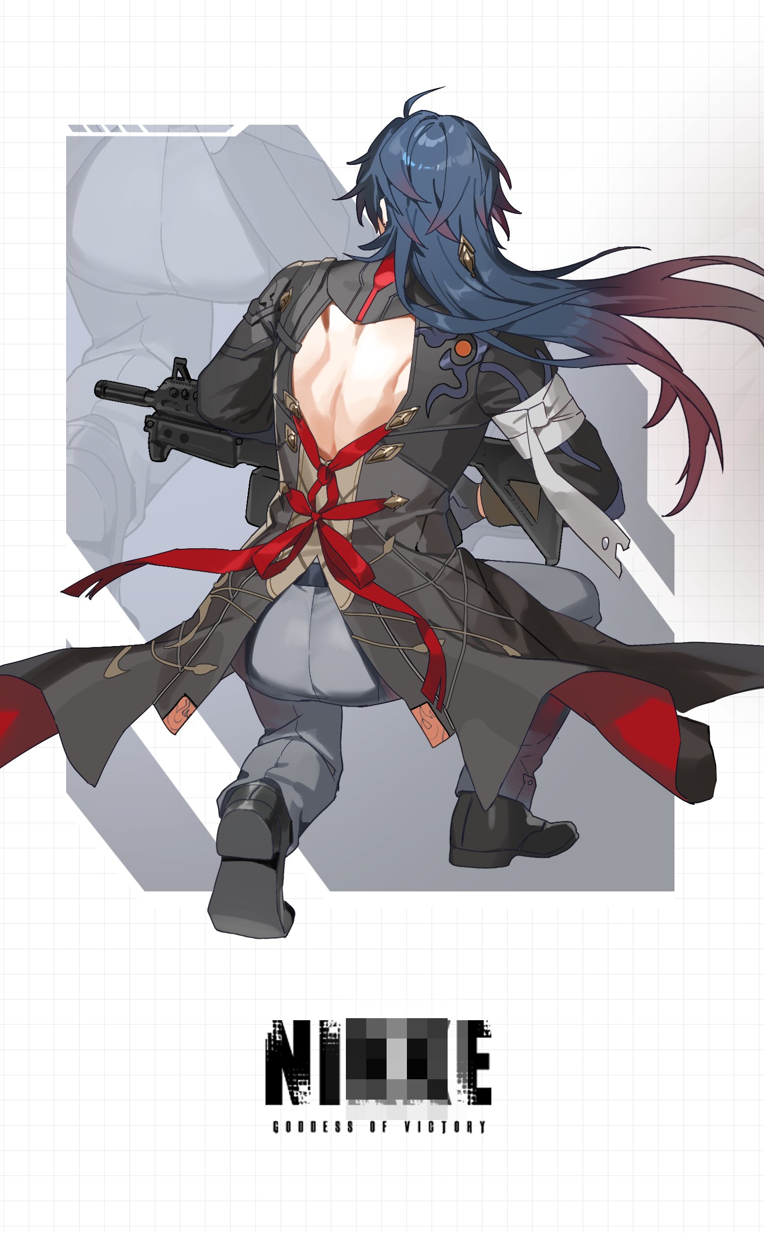 blade (honkai: star rail), honkai: star rail, honkai (series), absurdres, commentary request, highres, korean commentary, 1boy, ahoge, ass, ass focus, bandages, blue hair, brand name imitation, clothing cutout, from behind, gajang742717, gradient hair, gun, hair ornament, holding, holding weapon, long hair, machine gun, male focus, multicolored hair, on one knee, pants, parody, red ribbon, ribbon, shoes, style parody, tailcoat, toned, toned male, very long hair, weapon