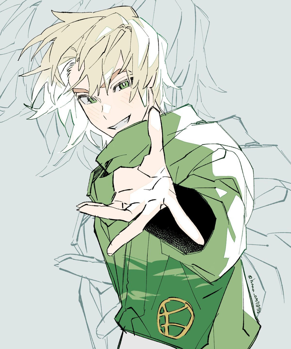 haaa om007ls, lloyd garmadon, ninjago, the lego group, commentary request, highres, korean commentary, 1boy, animification, artist name, blonde hair, blush, bright pupils, green dougi, green eyes, grey background, grin, long sleeves, looking at viewer, male focus, ninjago: dragons rising, outstretched hand, reaching, reaching towards viewer, short hair, simple background, smile, solo, twitter username, upper body, white pupils