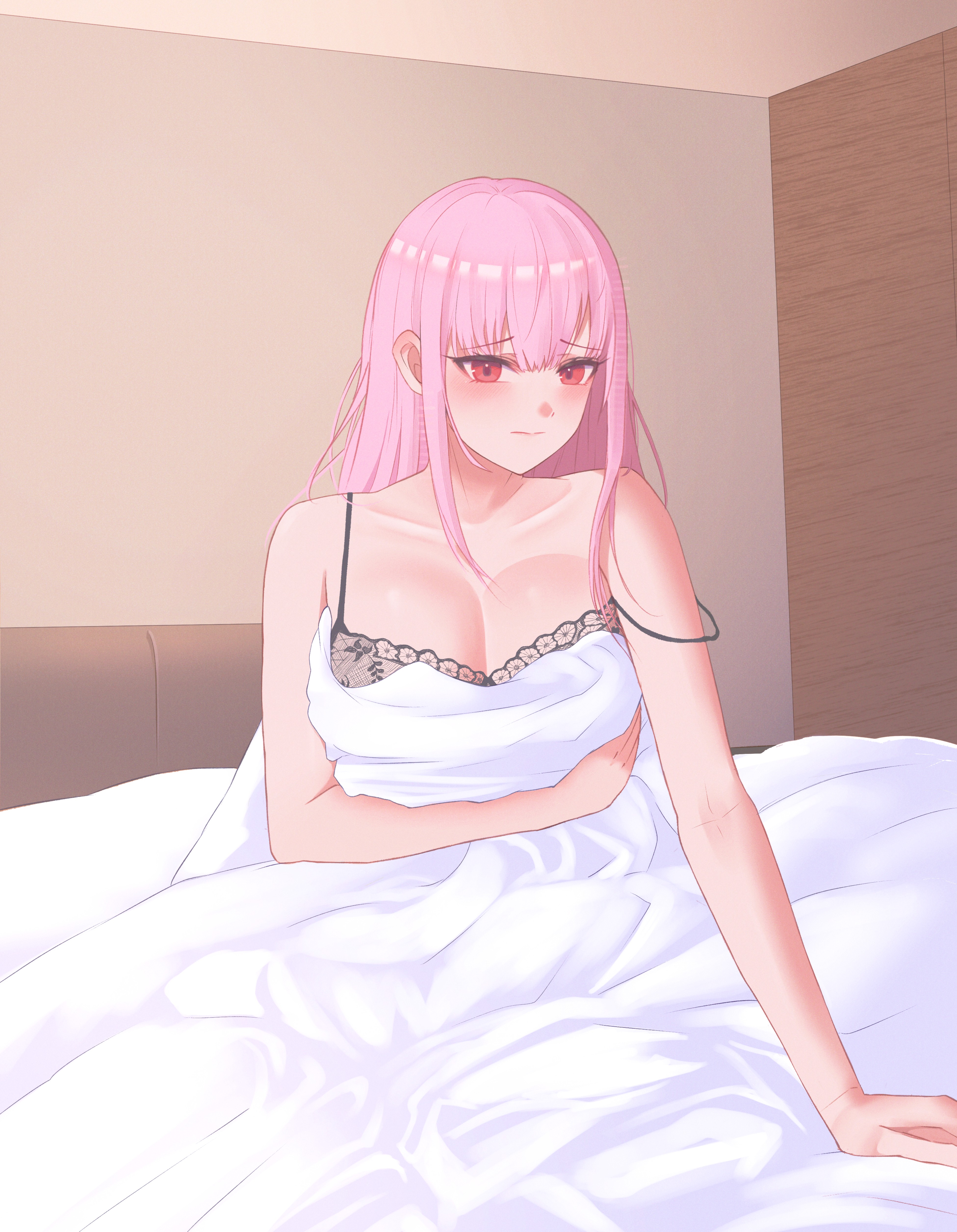 cheseu, mori calliope, hololive, hololive english, absurdres, commentary, english commentary, highres, paid reward available, 1girl, black bra, blanket, blunt bangs, bra, breasts, cleavage, closed mouth, holding, holding blanket, indoors, lace, lace bra, large breasts, long hair, looking at viewer, on bed, pink eyes, pink hair, sidelocks, sitting, solo, straight hair, strap slip, underwear, virtual youtuber