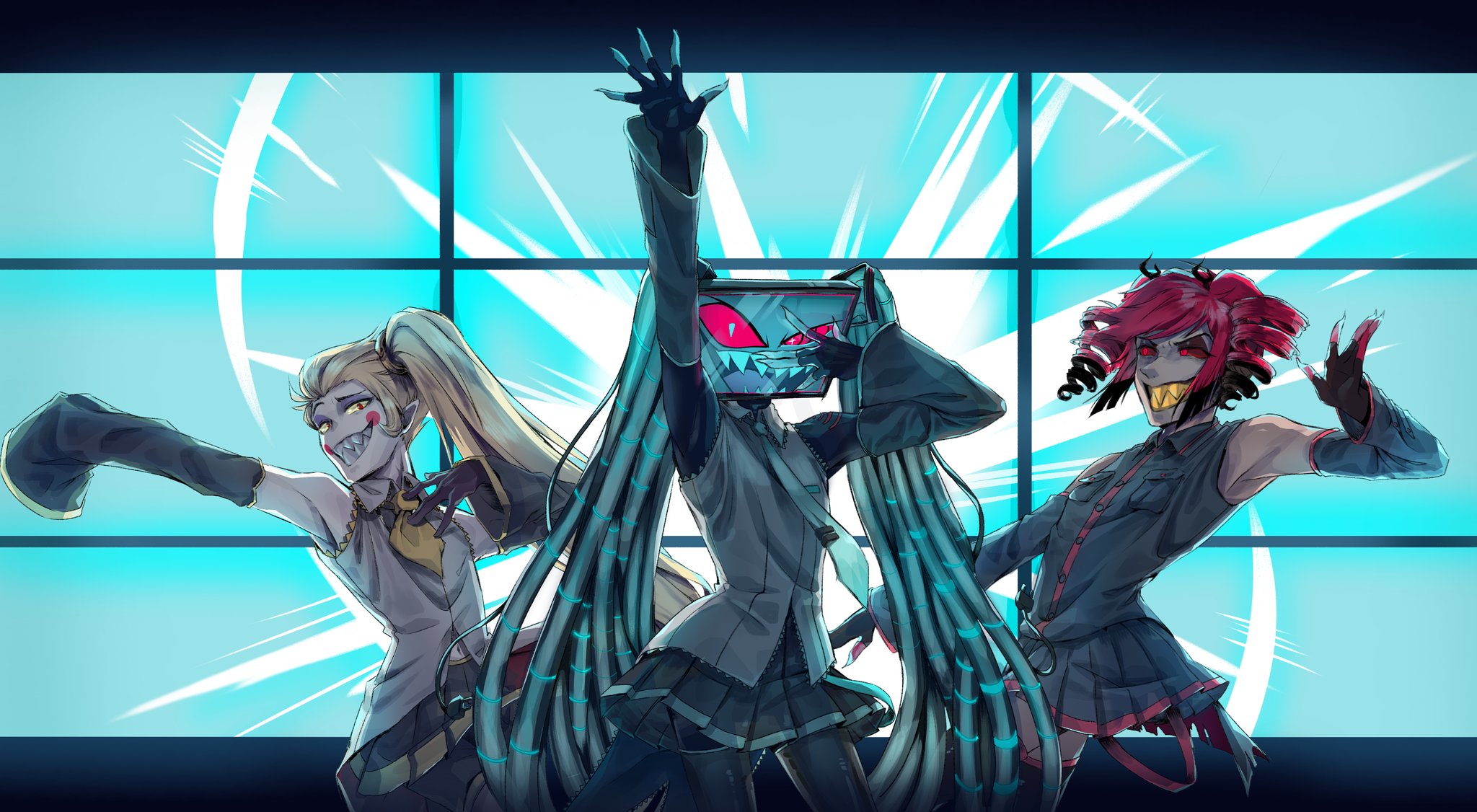 akita neru, alastor (hazbin hotel), hatsune miku, kasane teto, kasane teto (utau), lucifer morningstar (hazbin hotel), vox (hazbin hotel), hazbin hotel, hellaverse, triple baka (vocaloid), utau, vocaloid, commentary, highres, symbol-only commentary, 3boys, akita neru (cosplay), alastor horn, antenna hair, antlers, aqua eyes, aqua hair, aqua necktie, bare shoulders, black shirt, black skirt, black sleeves, blonde hair, blue eyes, blue hair, blue teeth, circle facial mark, colored sclera, colored teeth, cosplay, deer antlers, deer boy, demon boy, detached sleeves, drill hair, evil grin, evil smile, facial mark, grey shirt, grin, hair slicked back, hatsune miku (cosplay), horns, kasane teto (cosplay), long hair, looking at viewer, multiple boys, necktie, object head, red eyes, red hair, red sclera, red trim, sharp teeth, shirt, side ponytail, skirt, sleeveless, sleeveless shirt, smile, teeth, television, twin drills, twintails, very long hair, wall panel, yellow eyes, yellow necktie, yellow sclera, yellow teeth, yellow trim