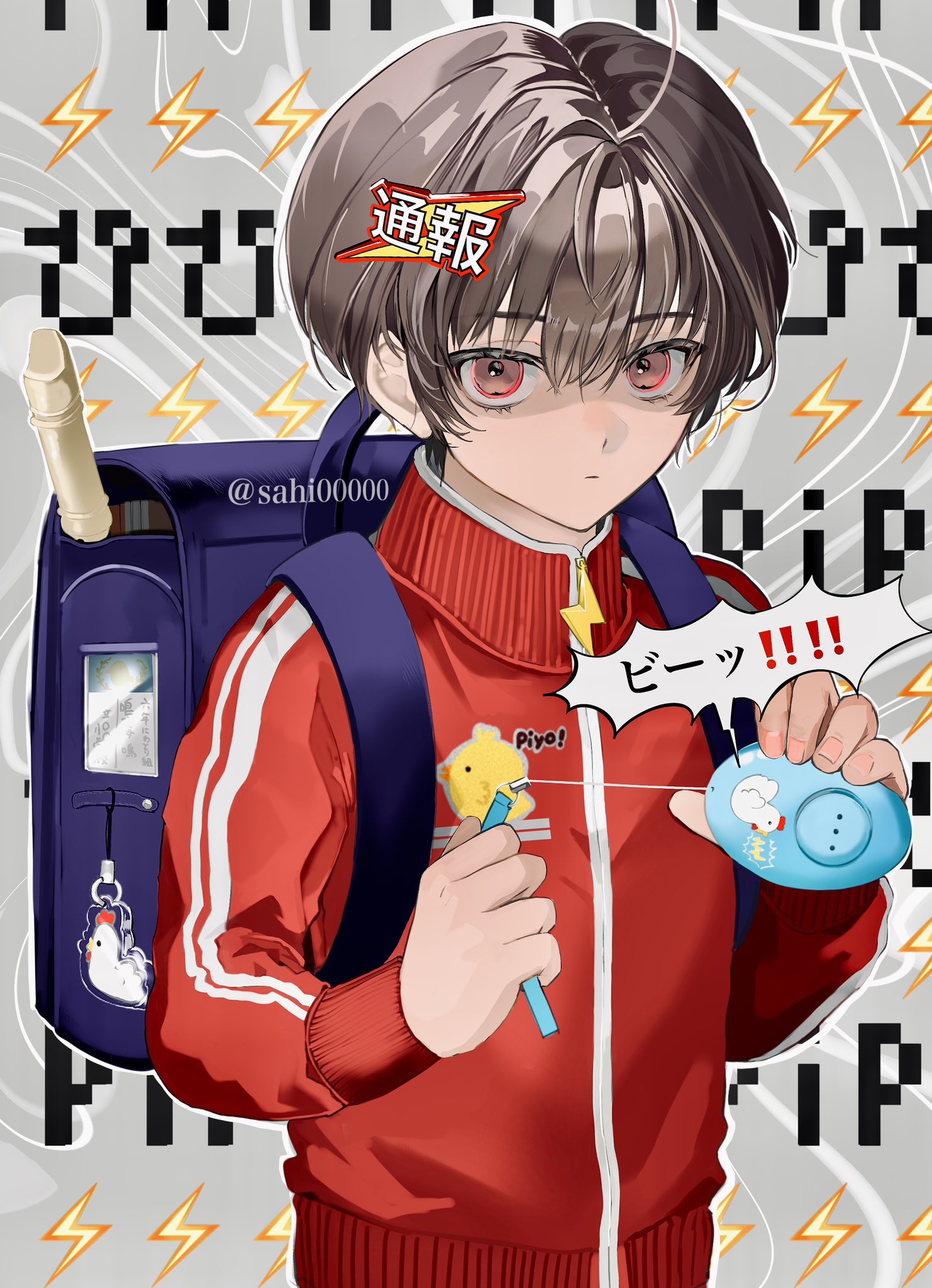 sahi00000, character request, commentary request, copyright request, highres, translation request, 1boy, backpack, bag, blue bag, brown hair, closed mouth, cord pull, crime prevention buzzer, flute, grey background, hair ornament, holding, holding crime prevention buzzer, instrument, jacket, lightning bolt symbol, long sleeves, looking at viewer, male focus, pull cord, red eyes, red jacket, shaded face, short hair, solo, track jacket, upper body