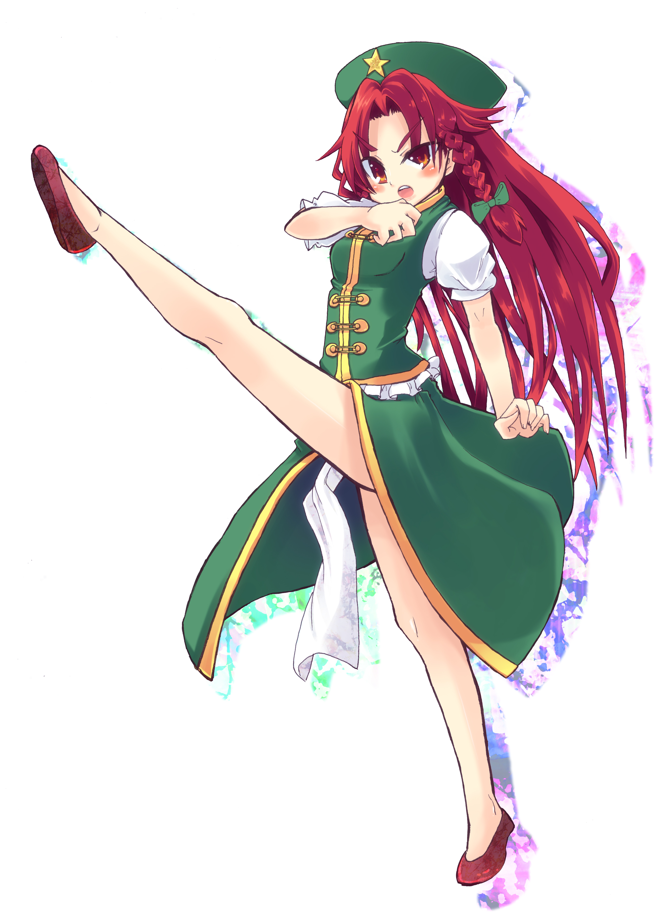 usa-pom, hong meiling, embodiment of scarlet devil, touhou, absurdres, highres, 1girl, braid, china dress, chinese clothes, dress, female focus, full body, hat, high kick, kicking, long hair, red eyes, red hair, solo, twin braids, white background