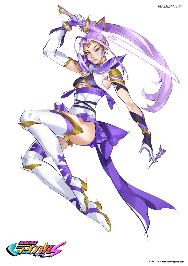 vvv rendez, psylocke, psylocke (sai), bishoujo senshi sailor moon, bishoujo senshi sailor moon s, marvel, marvel rivals, x-men, commentary request, 1girl, alternate costume, armor, artist name, asymmetrical gloves, blue eyes, boots, bow, butterfly earrings, demon days (marvel), earrings, elbow gloves, email address, full body, gloves, gold bow, gold trim, hair bow, holding, holding sword, holding weapon, jewelry, katana, leotard, looking at viewer, magical girl, multicolored bow, parody, pauldrons, ponytail, purple bow, purple hair, purple ribbon, purple trim, ribbon, sailor collar, shoulder armor, solo, sword, thigh boots, title parody, weapon, white background, white boots, white leotard