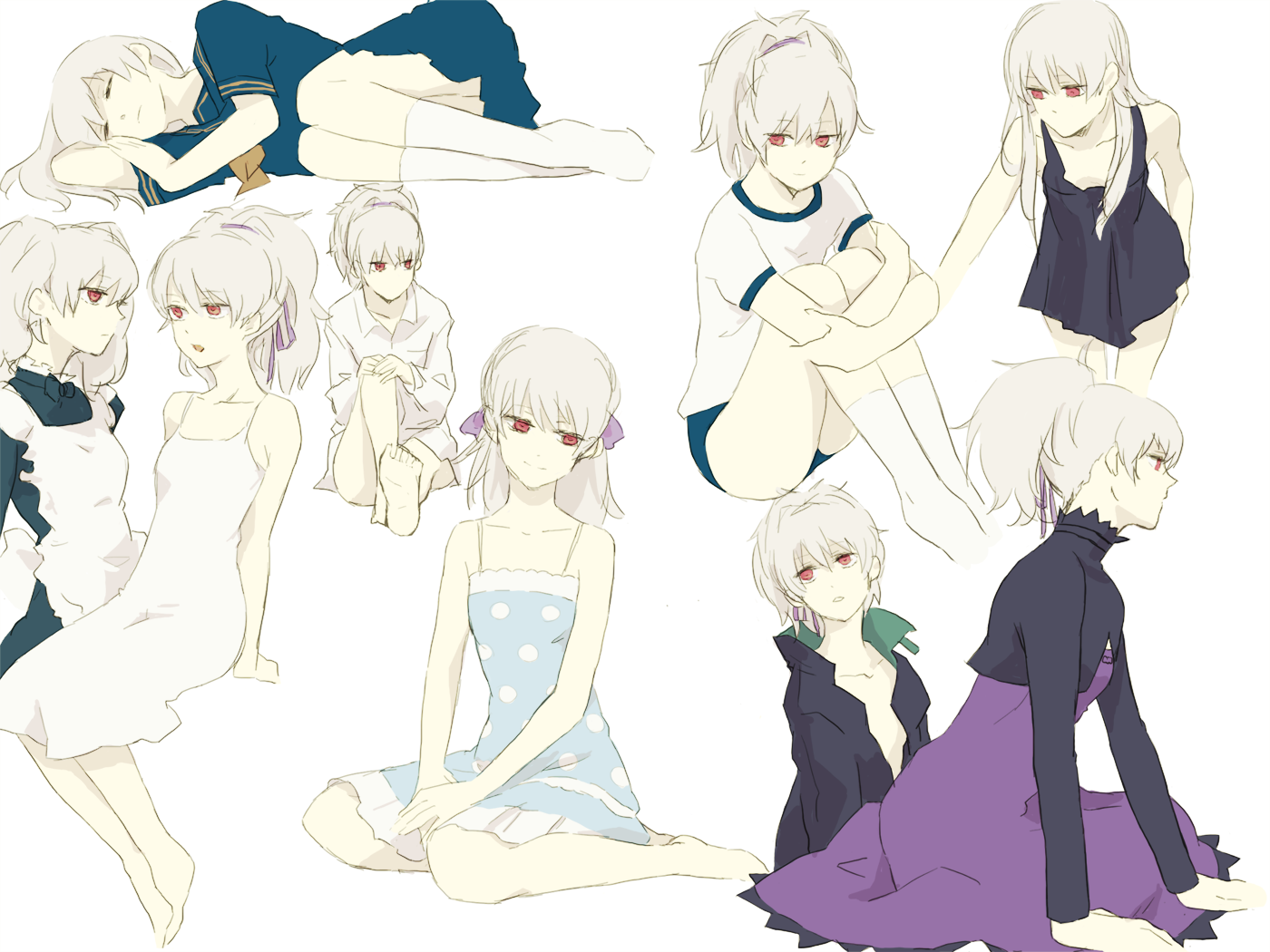 kuromu (kaeru), yin (darker than black), darker than black, silver hair, 1girl, apron, barefoot, censored, closed eyes, convenient censoring, convenient leg, dress, feet, gym uniform, hair ribbon, hugging own legs, long hair, lying, maid, maid apron, multiple expressions, multiple views, on side, ponytail, purple dress, ribbon, school uniform, sitting, smile, socks, sundress, twintails